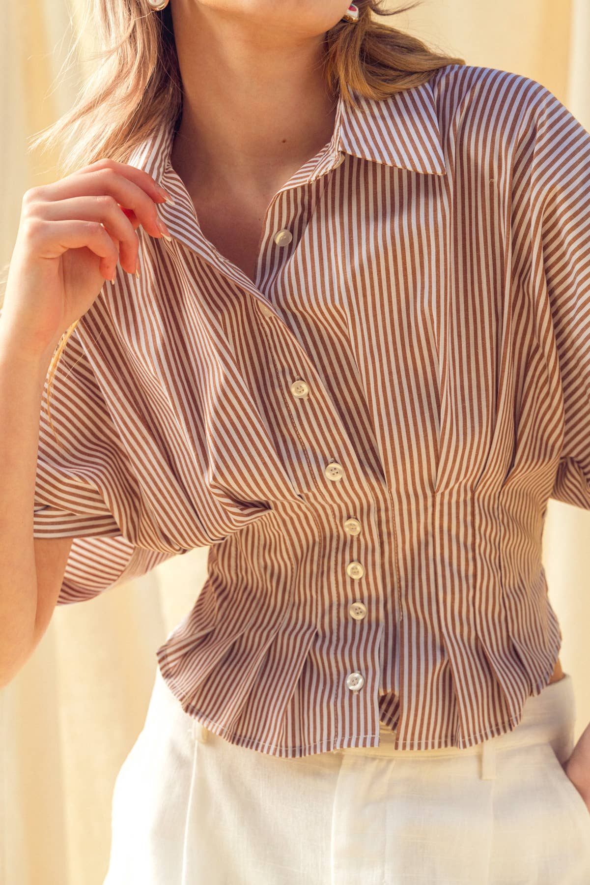 Bay | 100% Cotton Stripe Button Shirt w/ Pleated Waist