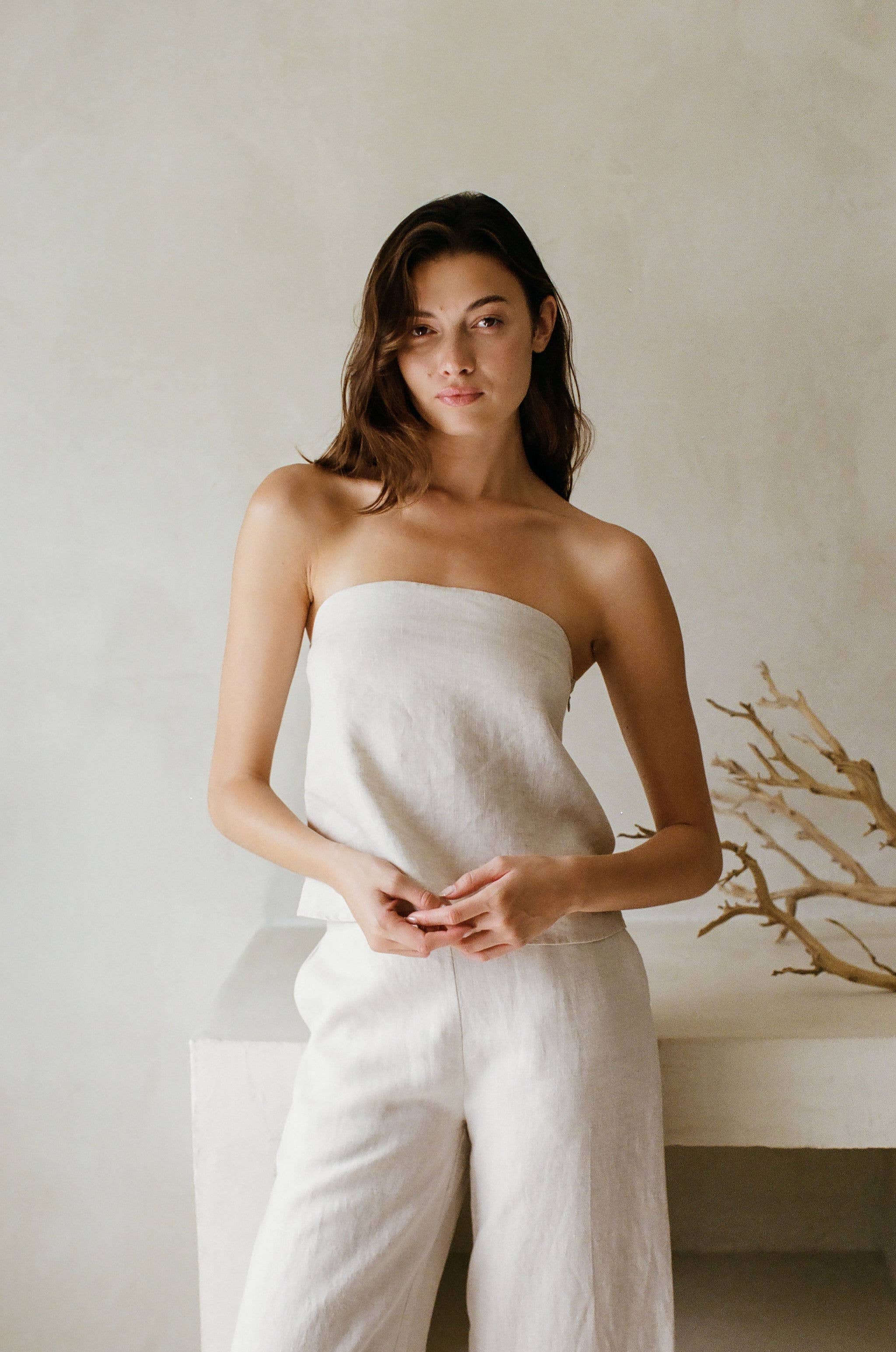 Woven 100% Linen Elastic Back Tube Top
