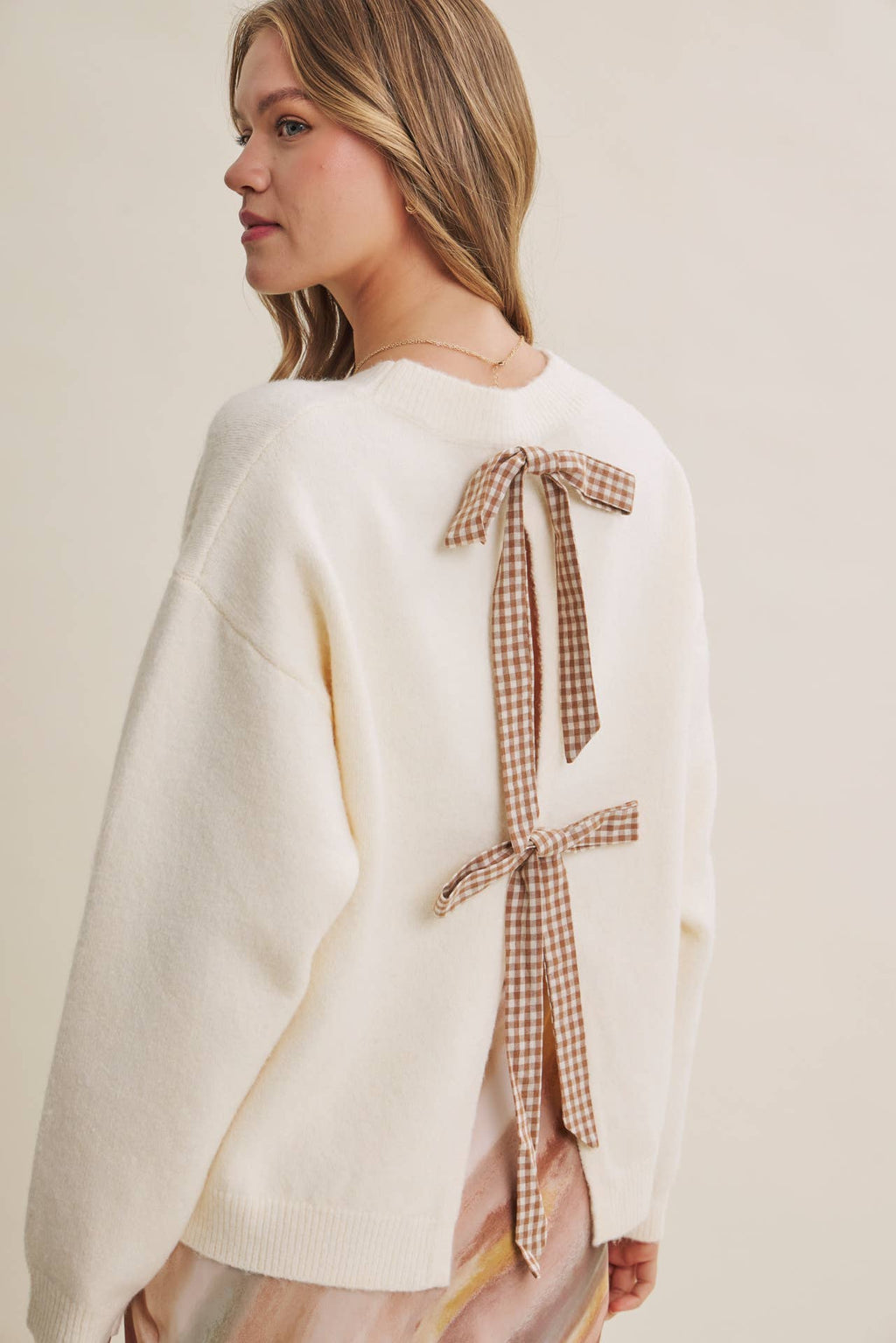 Picnic | Open-Back Gingham Bow Sweater Top