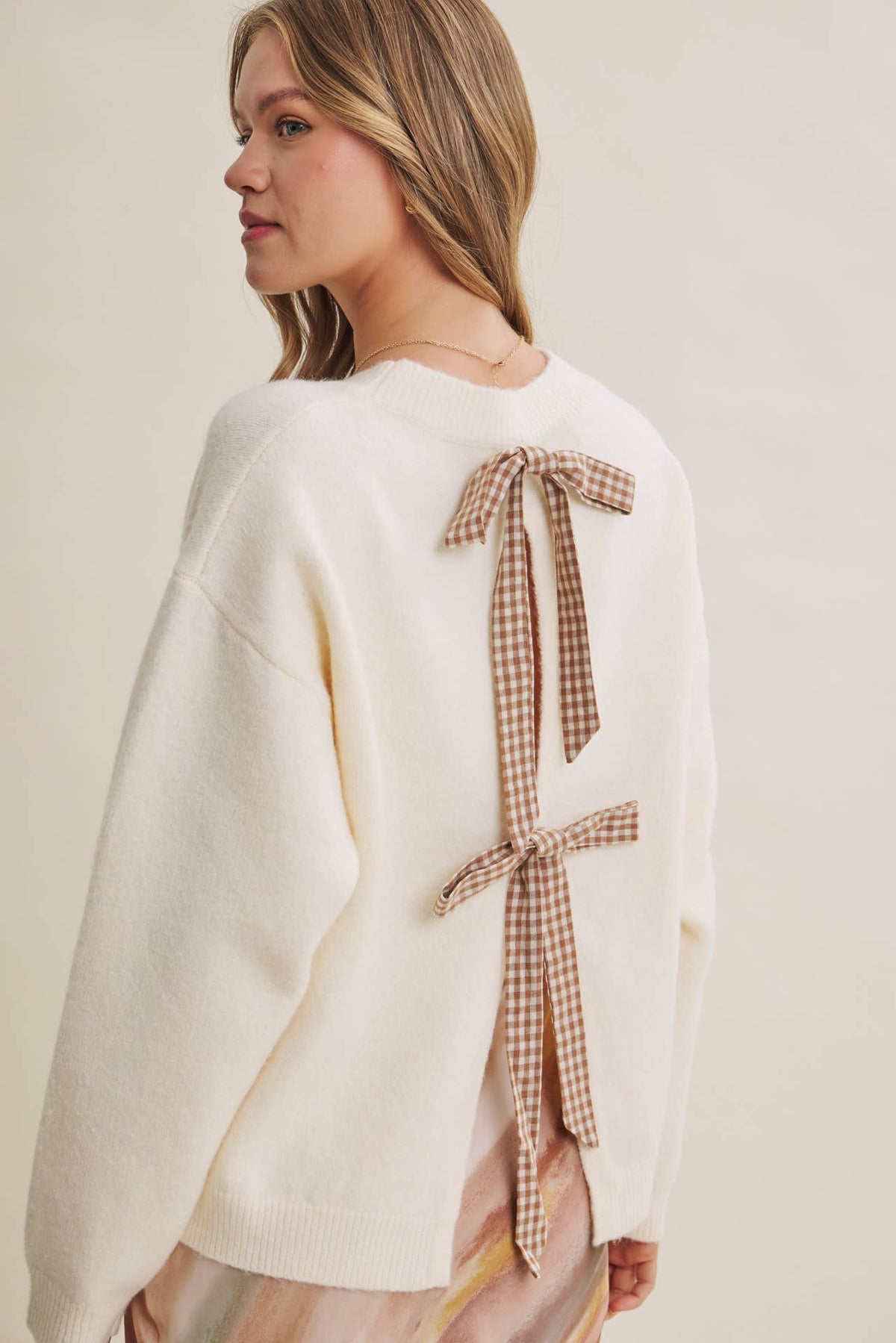 Picnic | Open-Back Gingham Bow Sweater Top