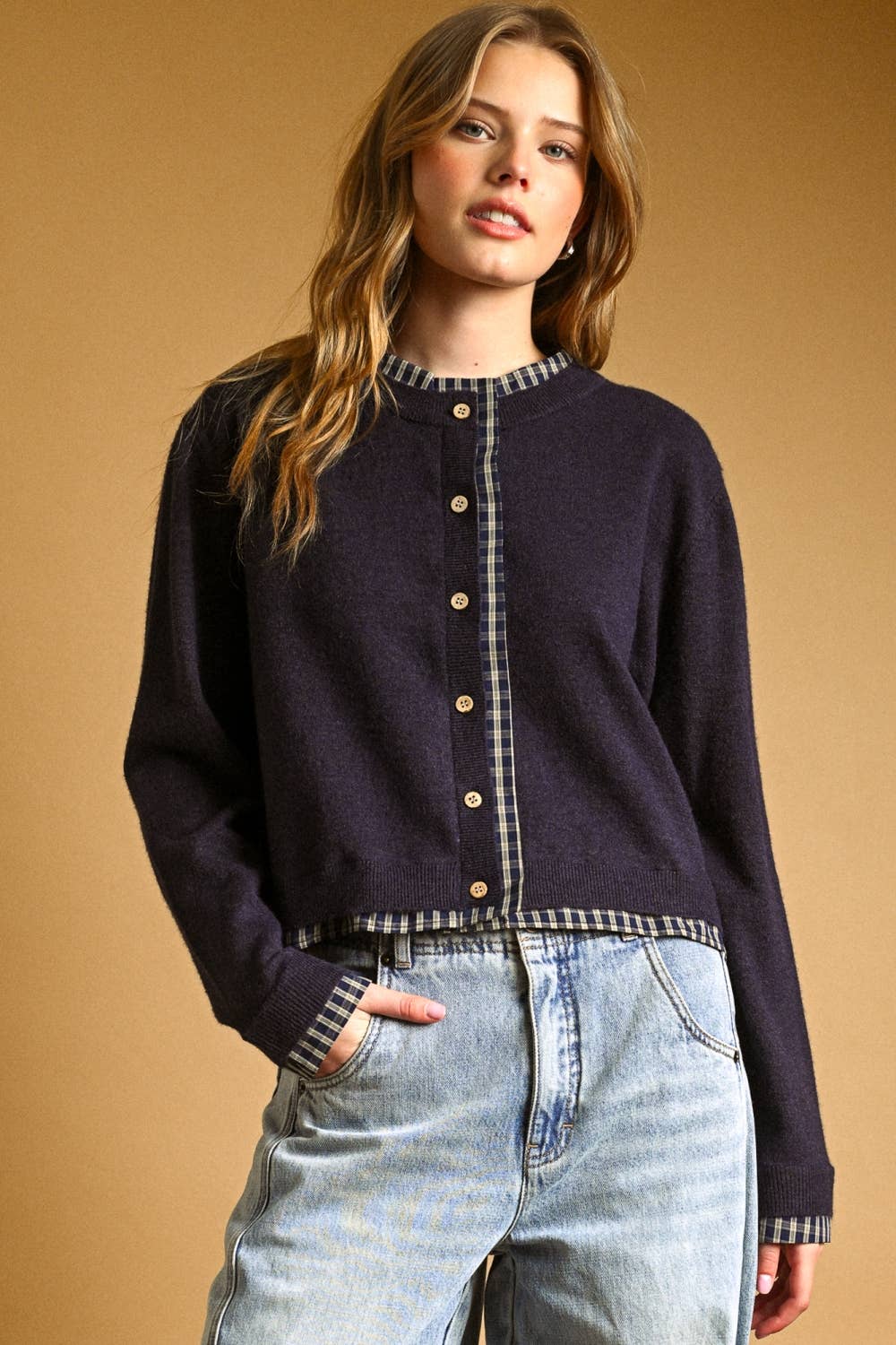Daphne | Plaid Contrasted Button Front Cardigan
