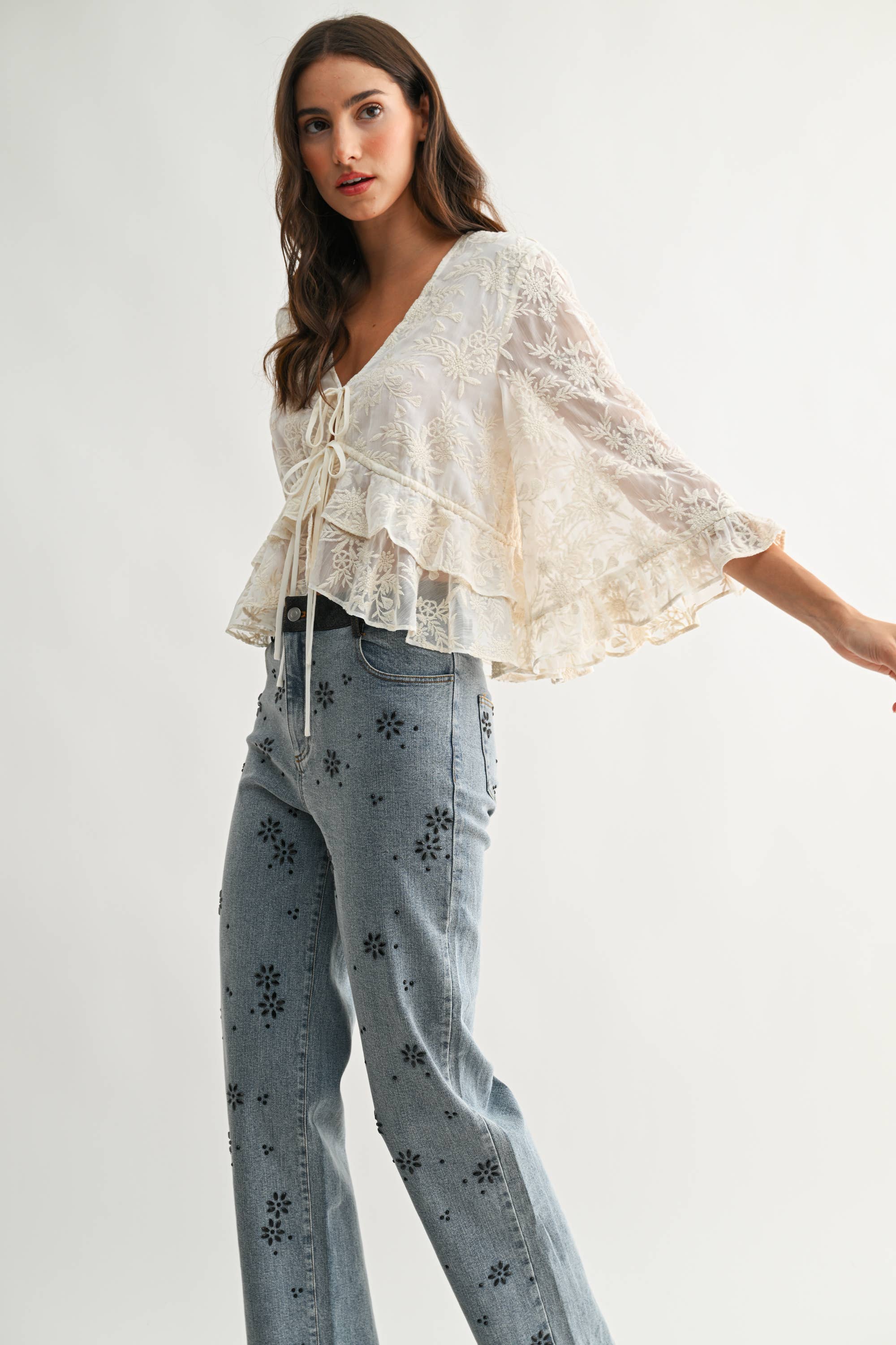 Holland |  Boho Embroidered Sheer Blouse Flowy Bell Sleeves