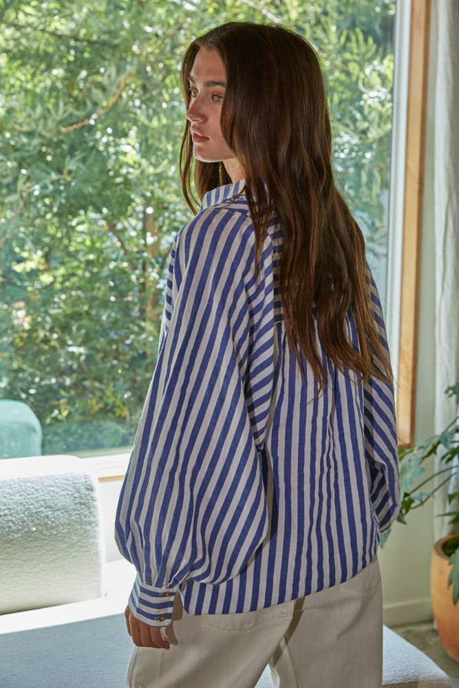 Laine | Woven Striped Button  Down Collar Neck Shirt Top