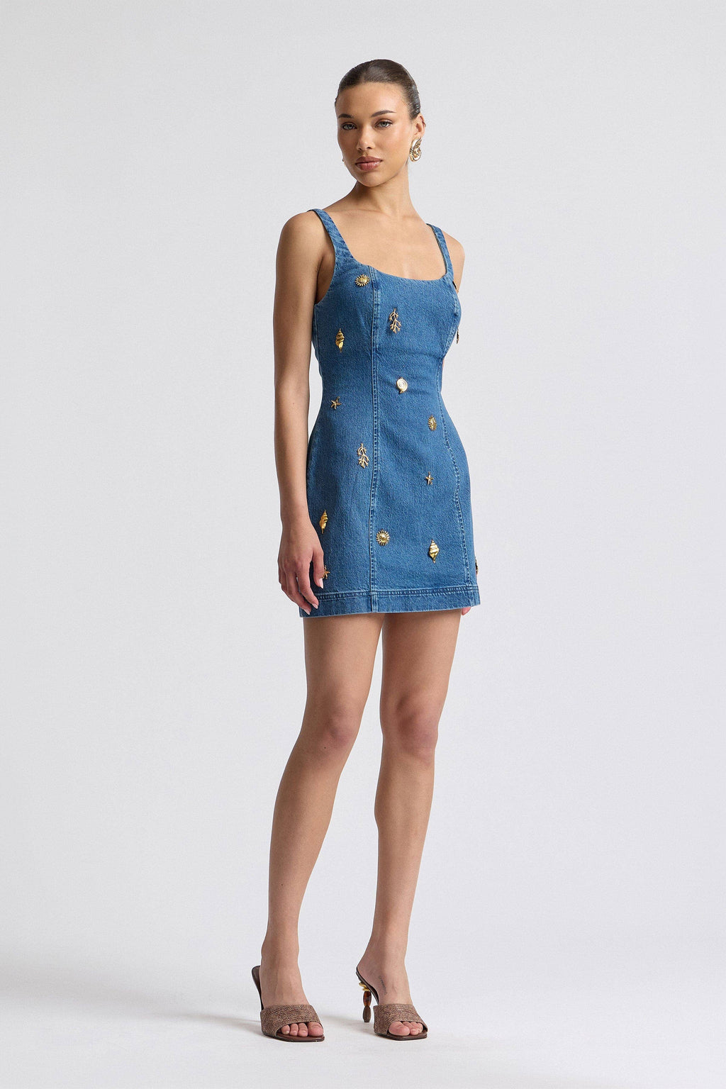 Monarch | Stretch Denim Charm Embellished Mini Dress