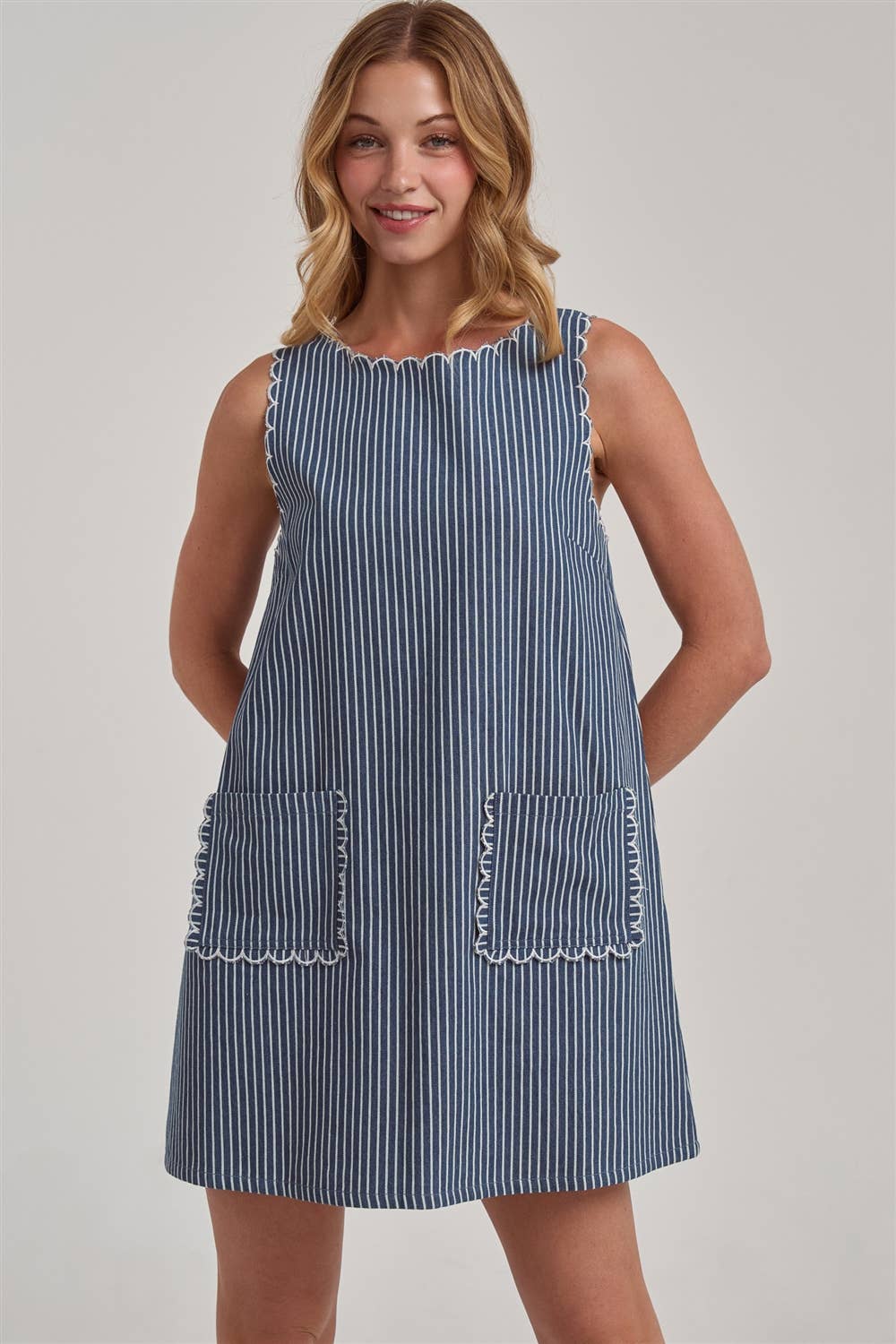 Scallop | Embroidered Sleeveless Stripe Denim Mini Dress