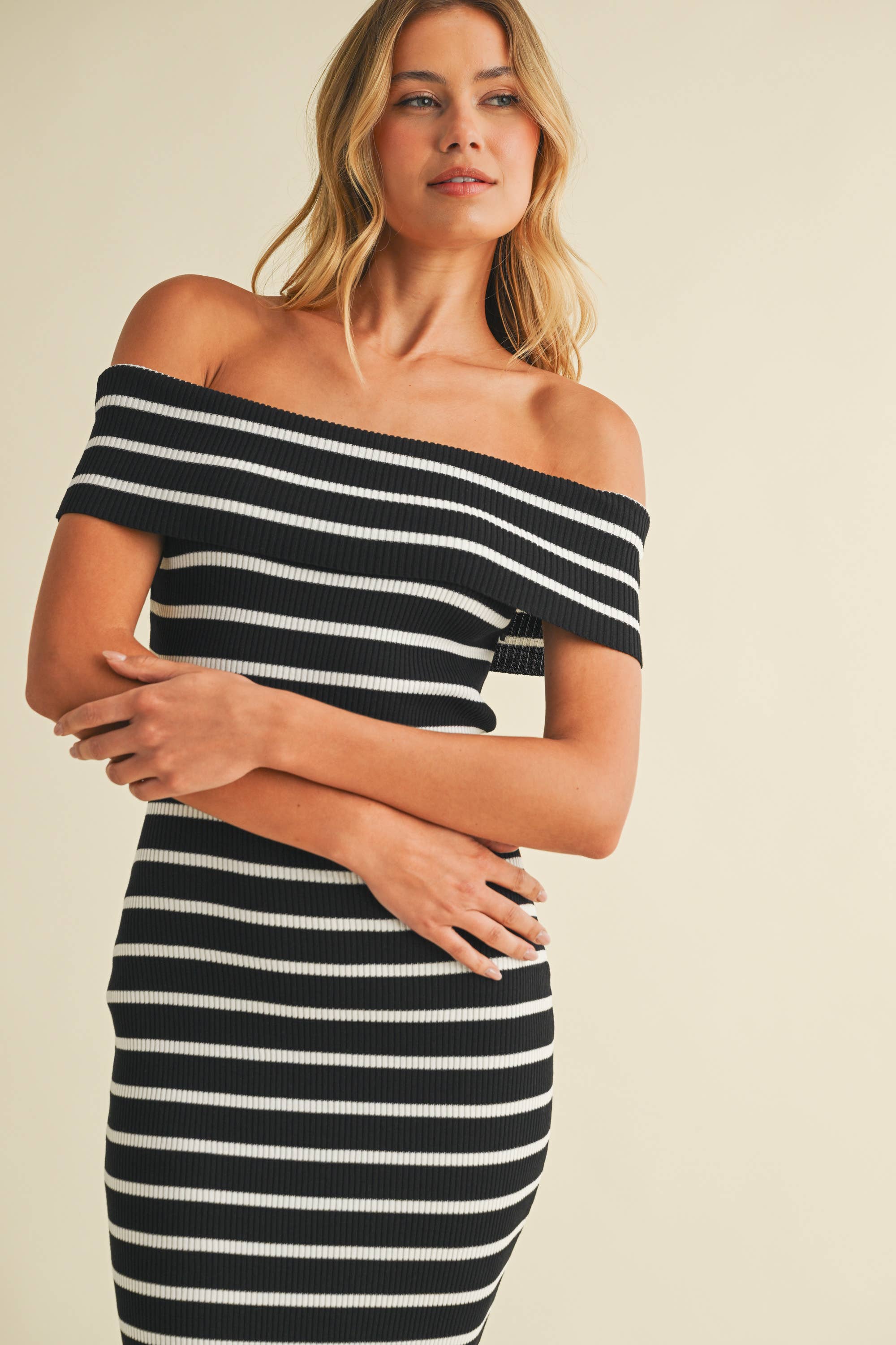 Alcott | Off Shoulder Navy Striped Sweater Midi Dress