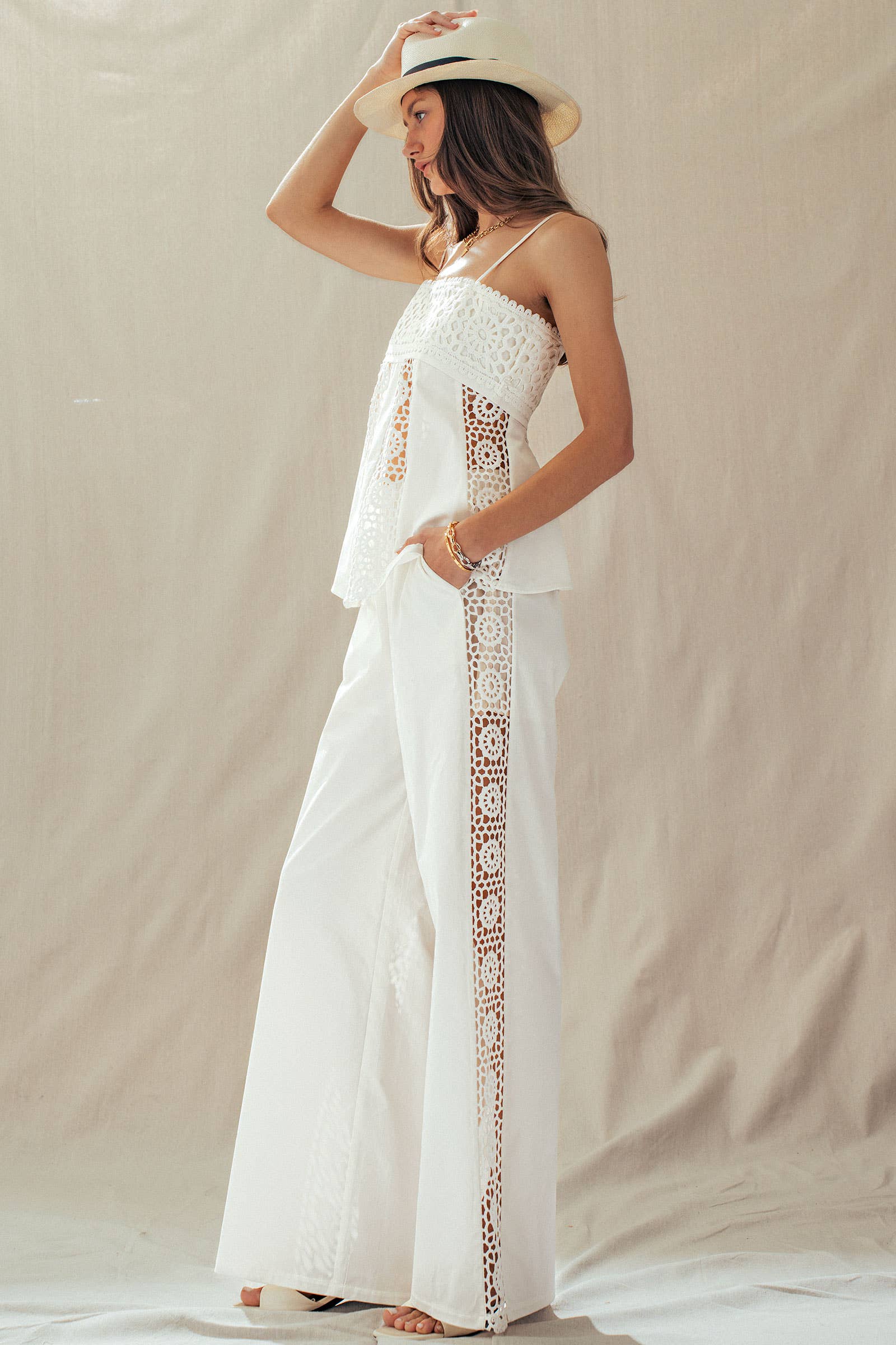 Presley | Cotton Eyelet Two-Piece Set Peplum Cami & Pants