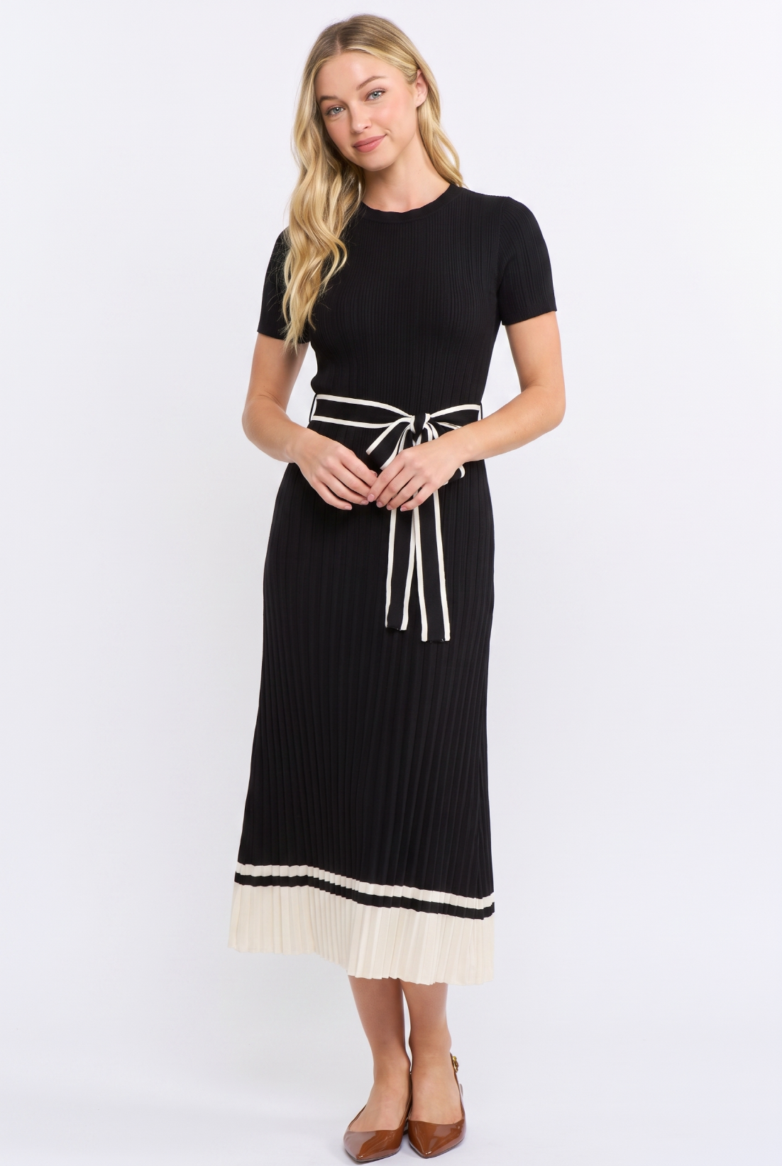 Margaret |  Ribbed Knit Midi Sweater Dress with Belt