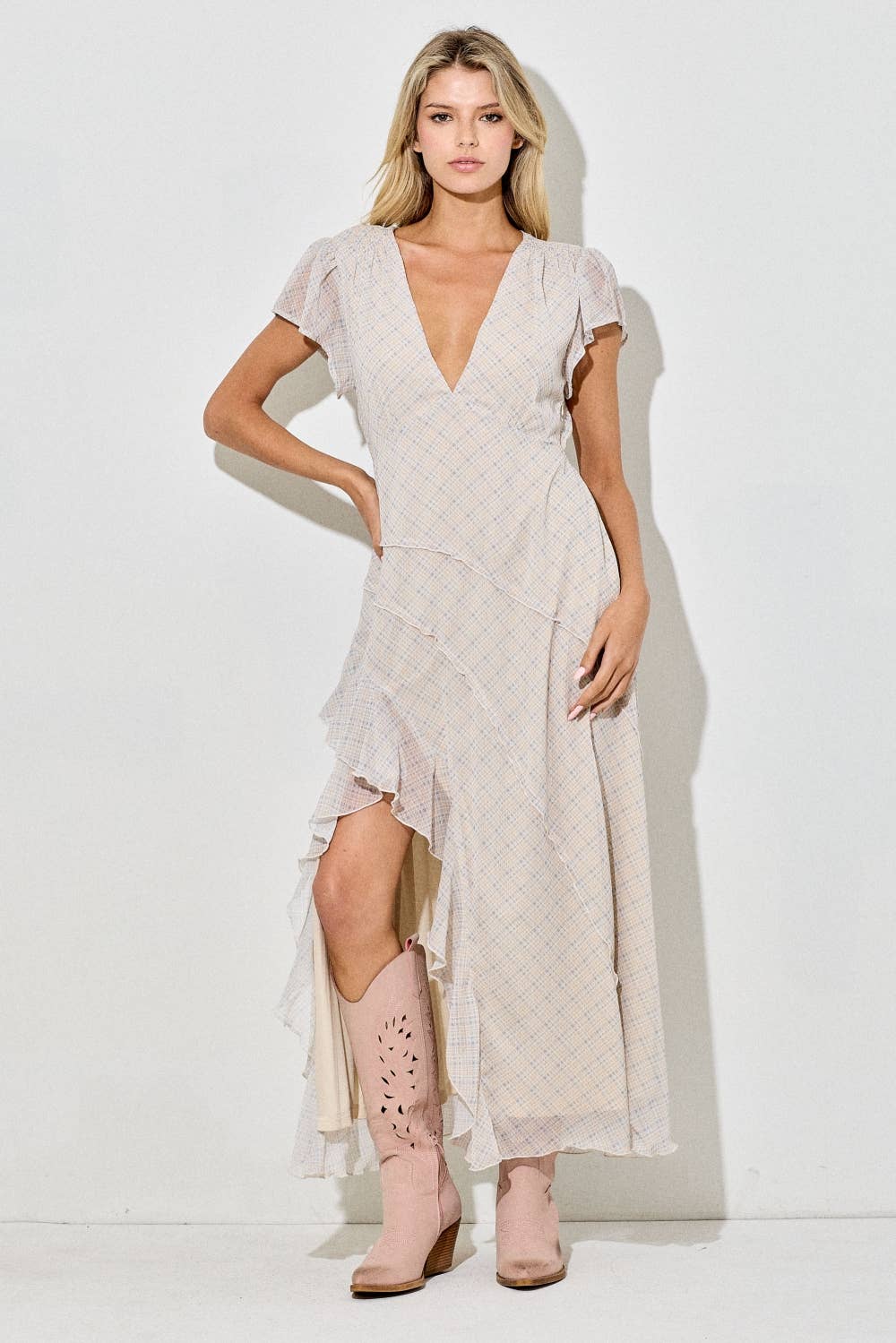 Cove | Printed Plaid V-Neck Satin Maxi Dress