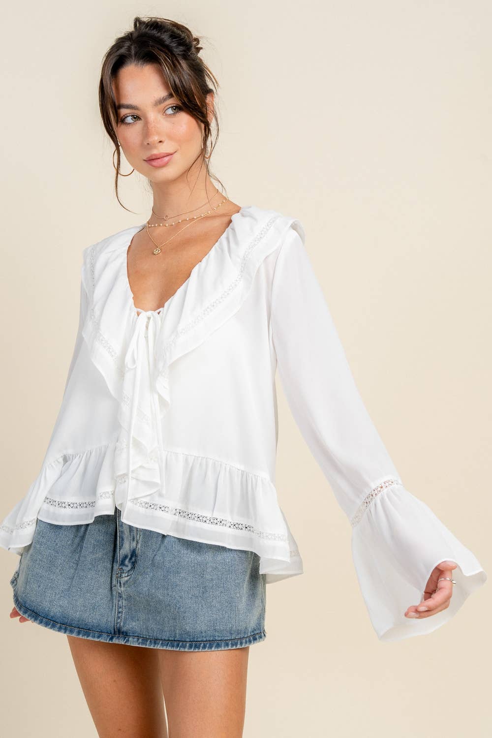 Drift | Trumpet Sleeve Blouse w/ Cascade Ruffle & Lace