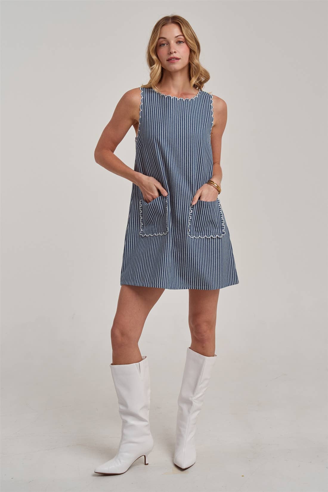 Scallop | Embroidered Sleeveless Stripe Denim Mini Dress