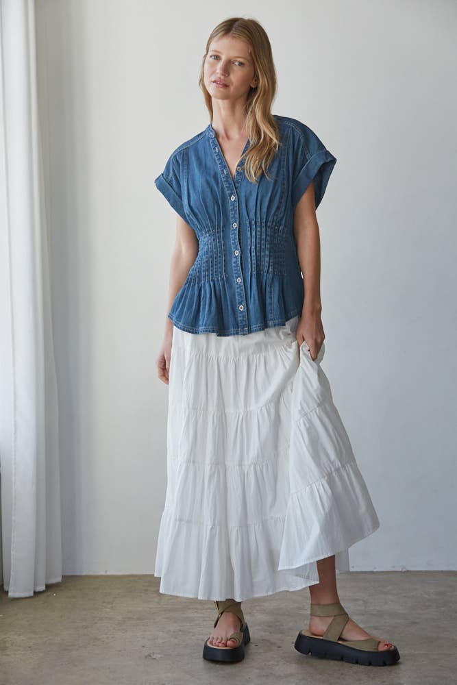 Corinne | Woven Pleated Button Down Top