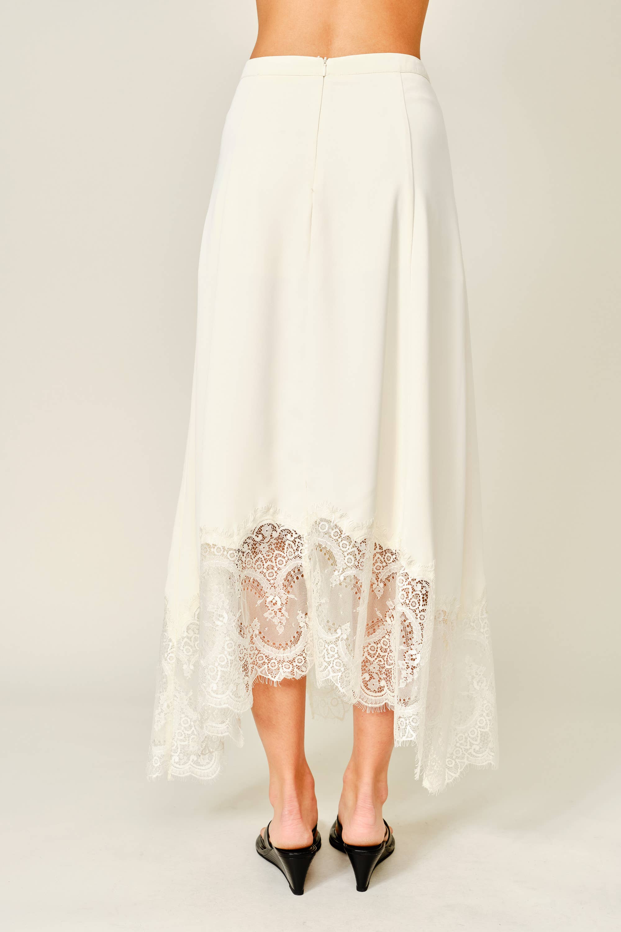 Bobby | Lace Insert Unbalance Hem Midi Skirt