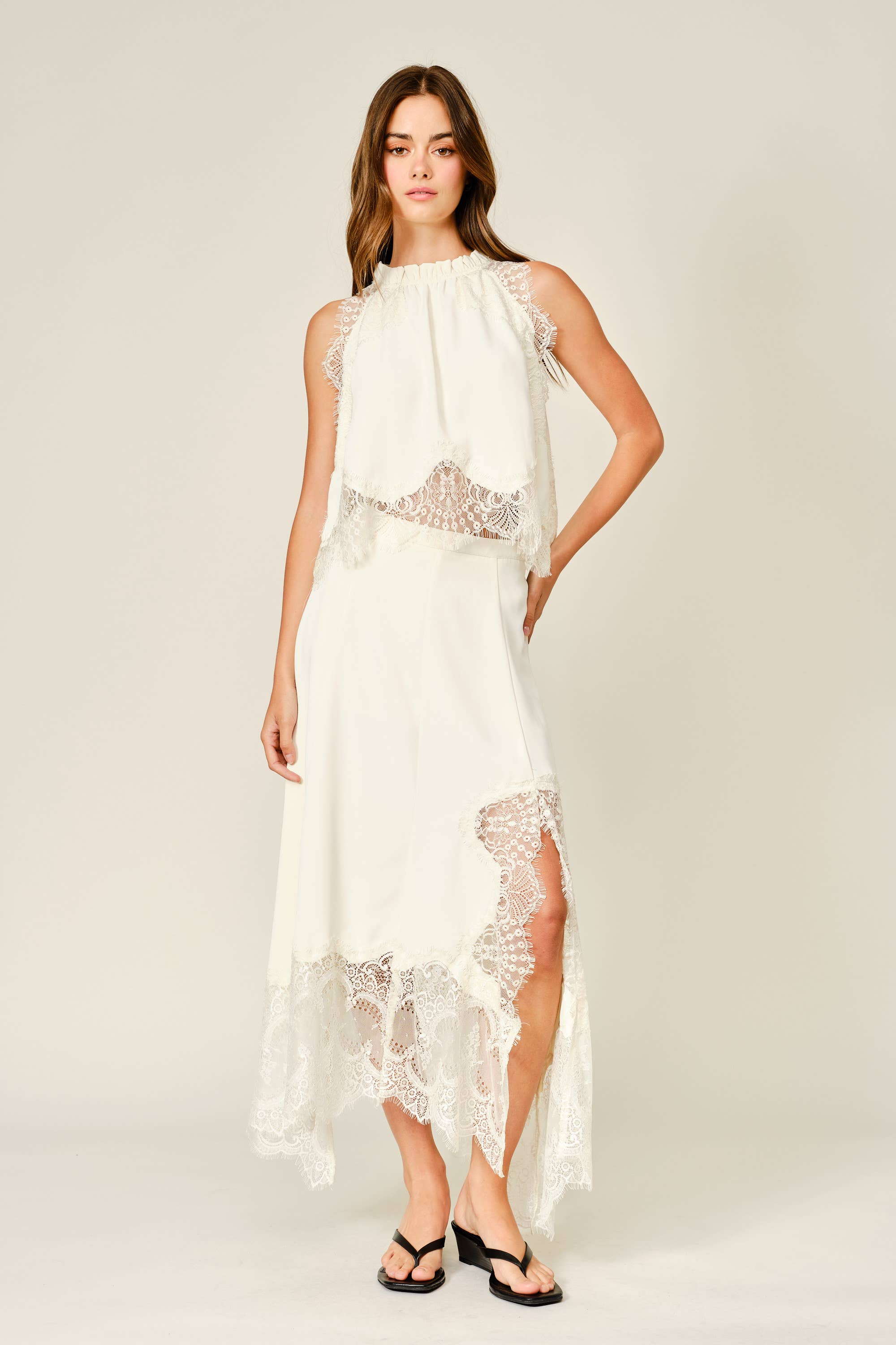 Bobby | Lace Trim Ruffle Neck Blouse Top