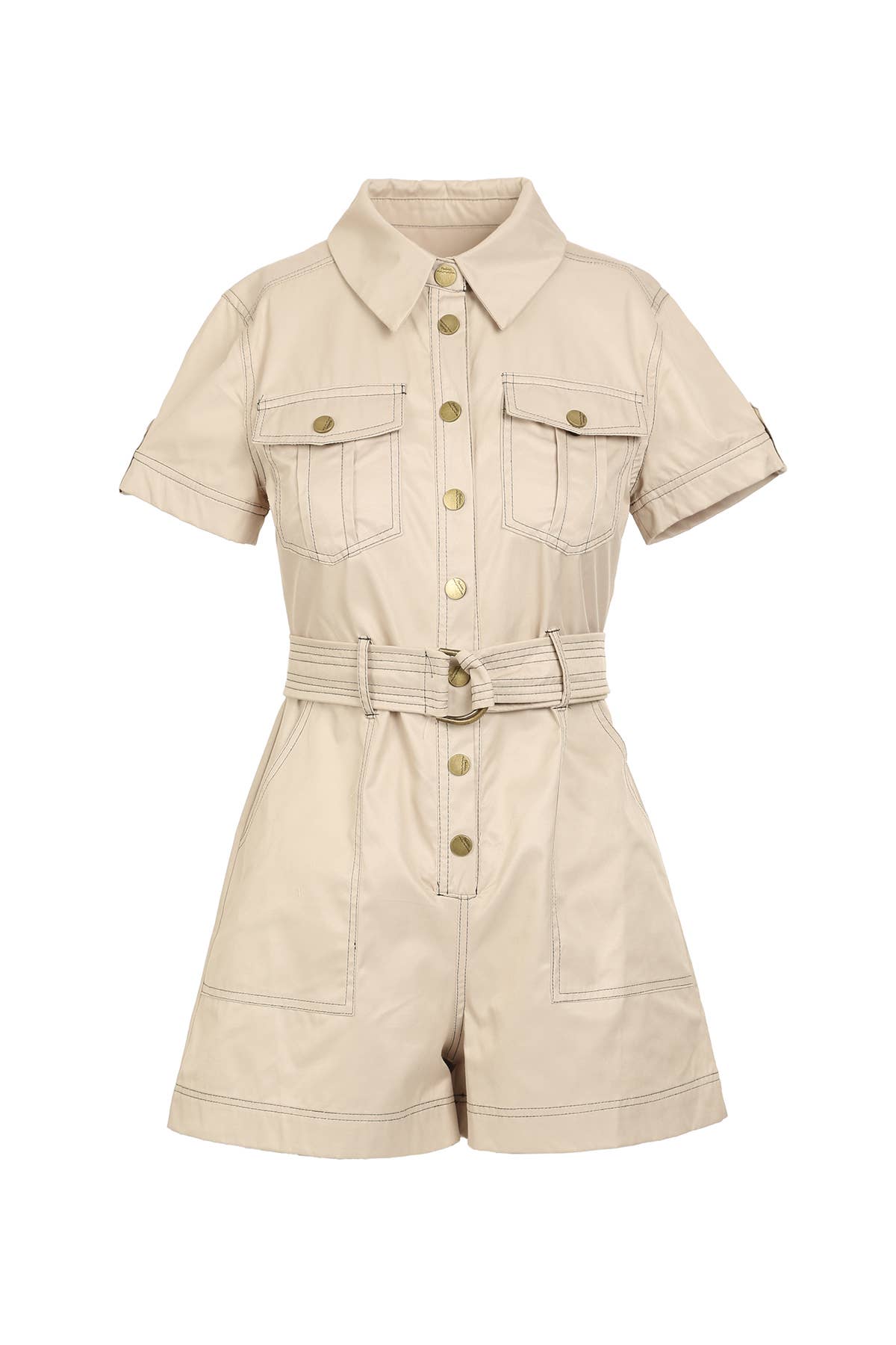 Contrast Twill Stitching O-Ring Belted Romper