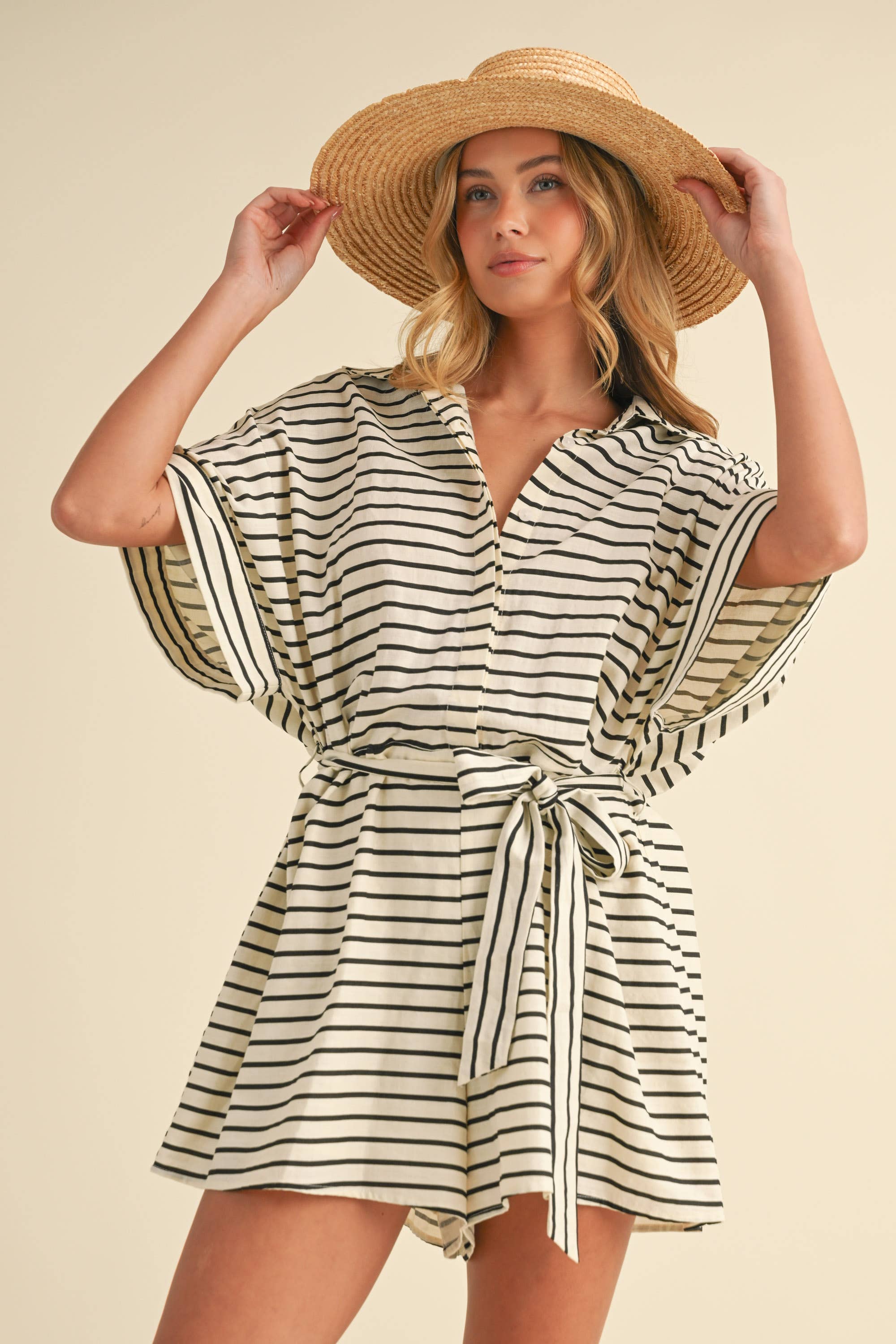 Topanga | Striped Relaxed Fit Belted Short Sleeve Romper