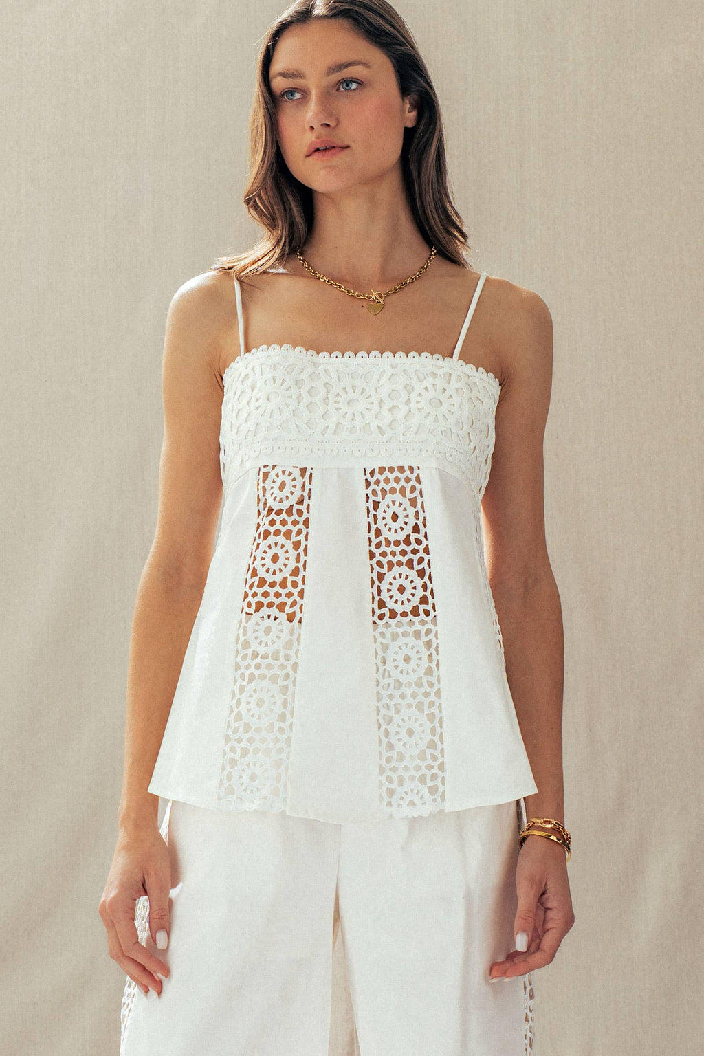 Presley | Cotton Eyelet Two-Piece Set Peplum Cami & Pants