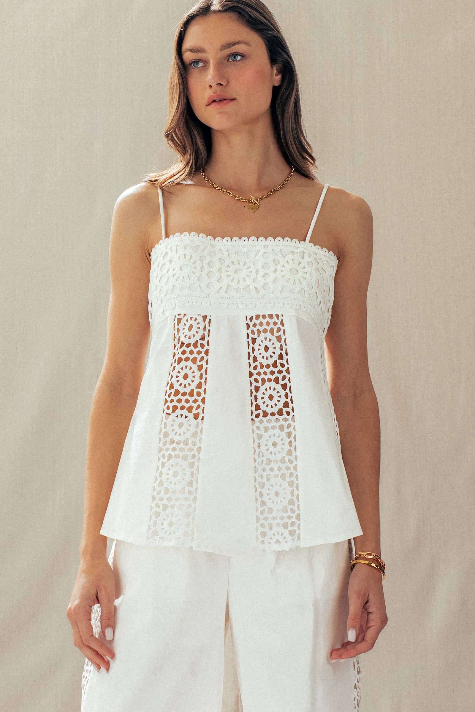 Presley | Cotton Eyelet Two-Piece Set Peplum Cami & Pants