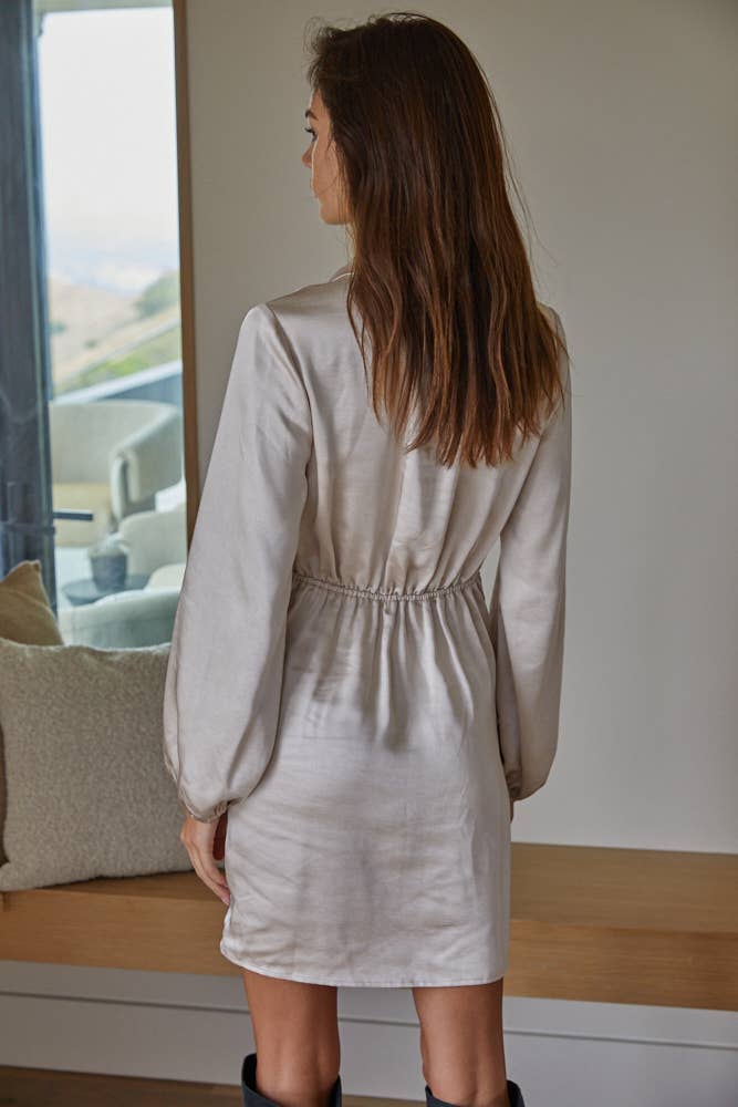 Poppy | Woven Satin Collar Neck Waist Tie Button Down Dress