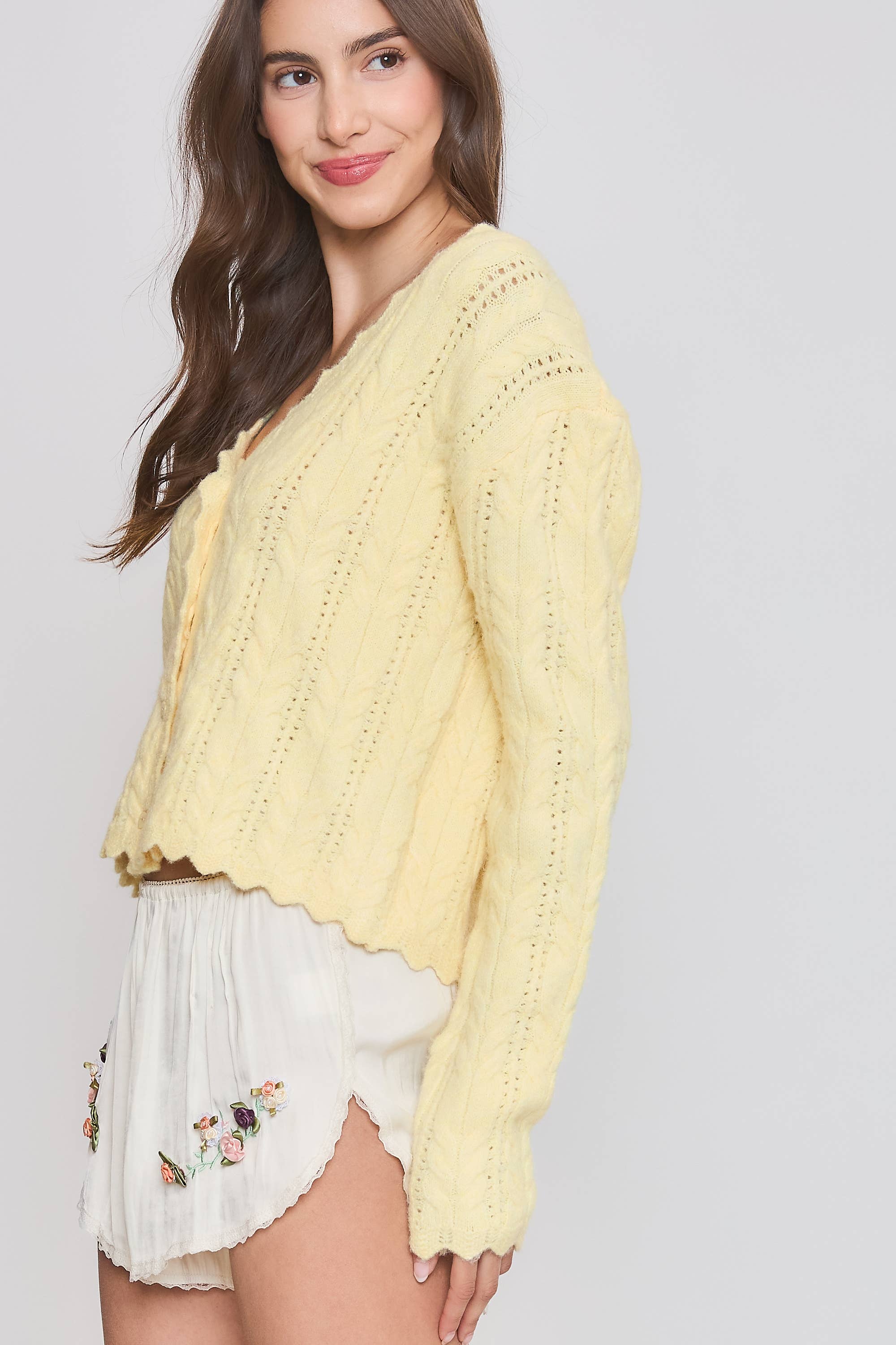 Greer | Scallop Hem Cable Knit Cardigan