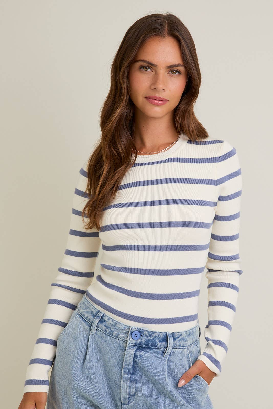 Coa | Round Neck Long Sleeve Stripe Knit Bodysuit