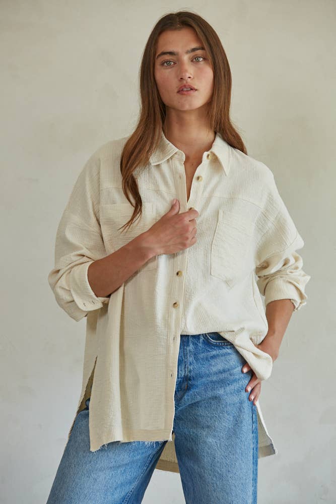 Frankie | Woven Linen Cotton Long Sleeve Collared Button Down