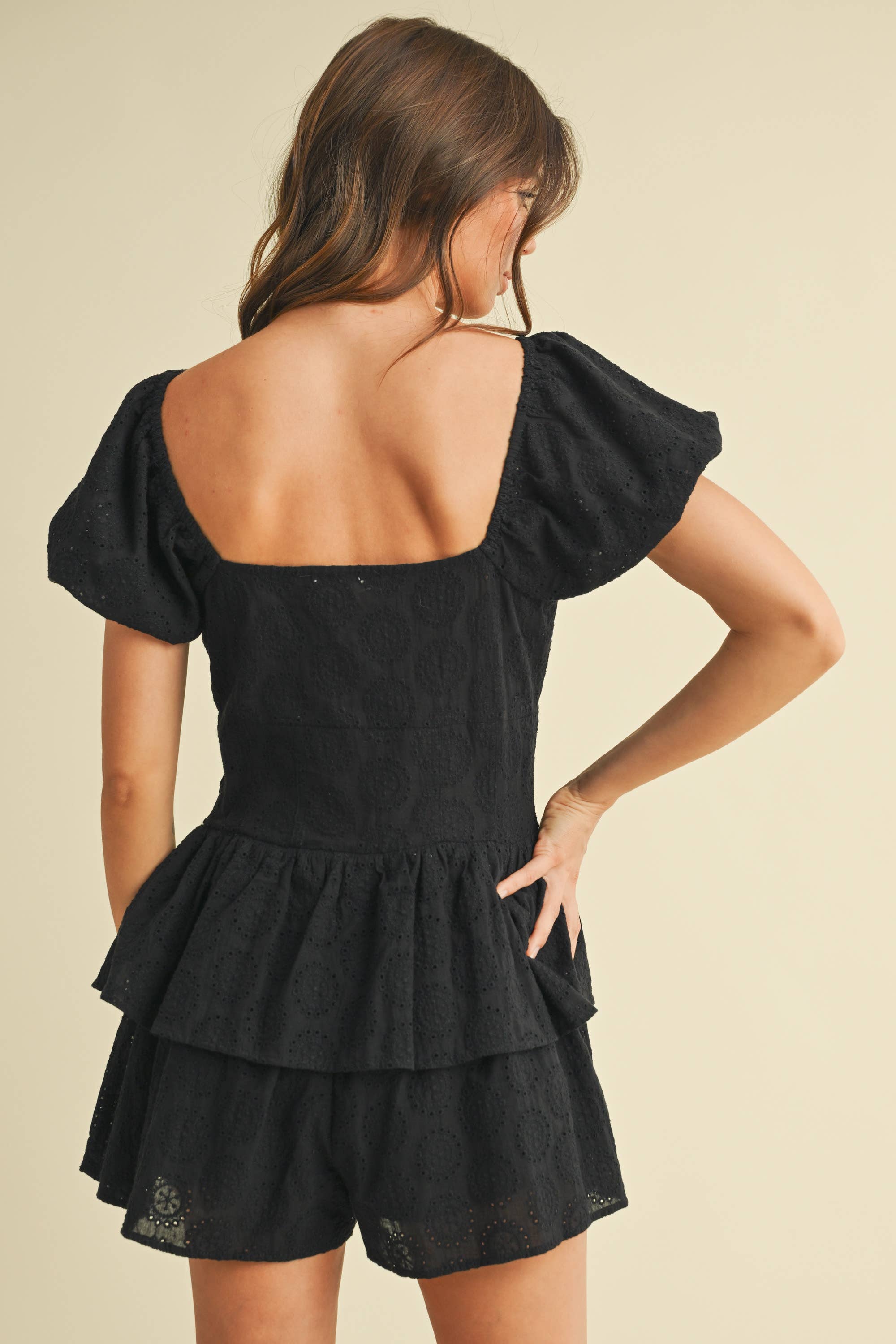 Baylen | Lace Eyelet Short Puff Sleeve Tiered Romper