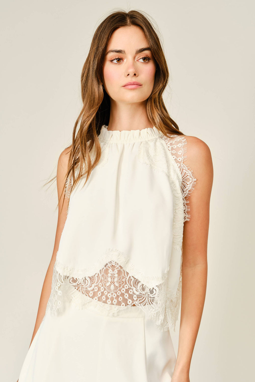 Bobby | Lace Trim Ruffle Neck Blouse Top