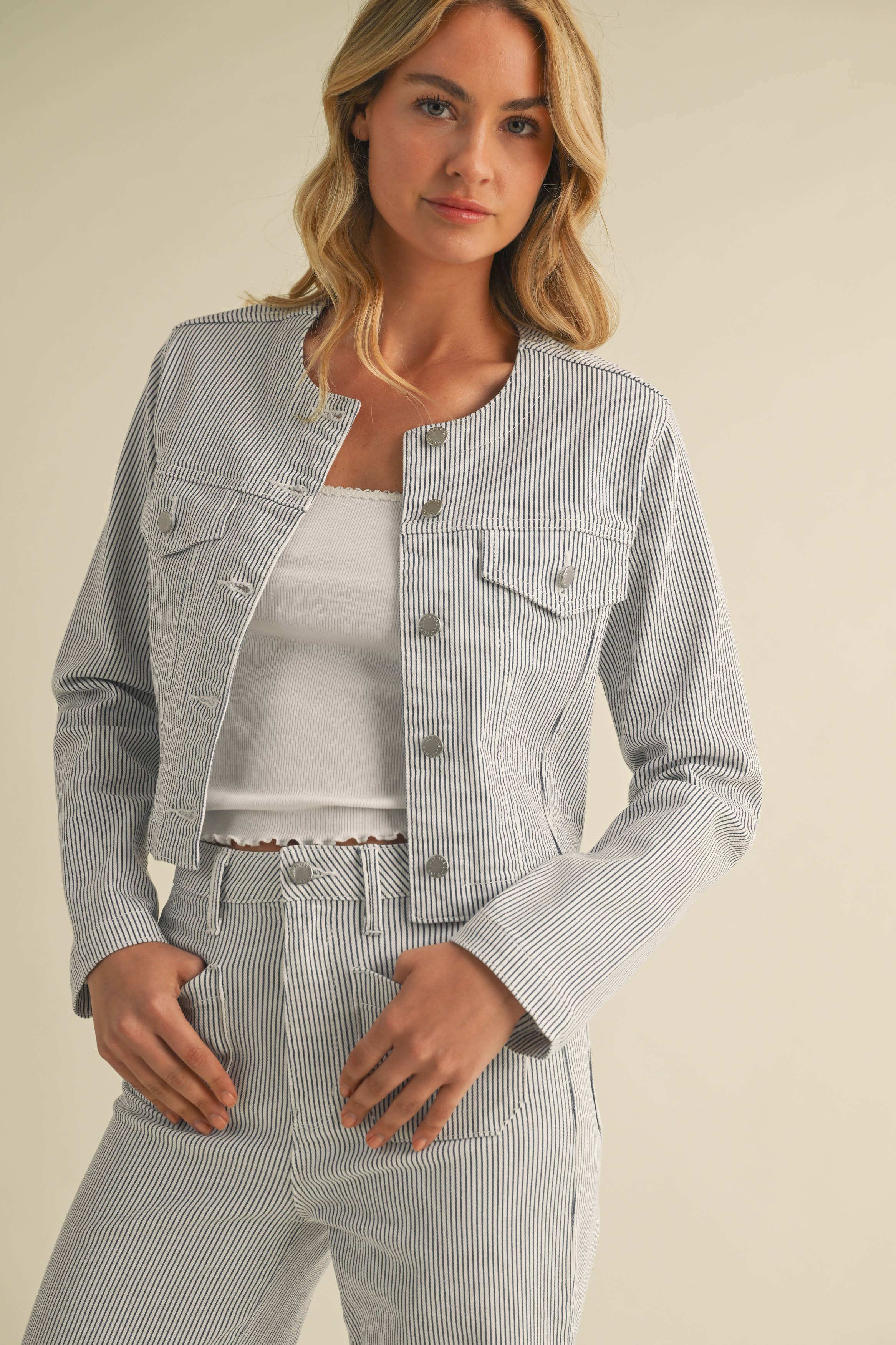 BillieJean | Striped Denim Collarless Jacket