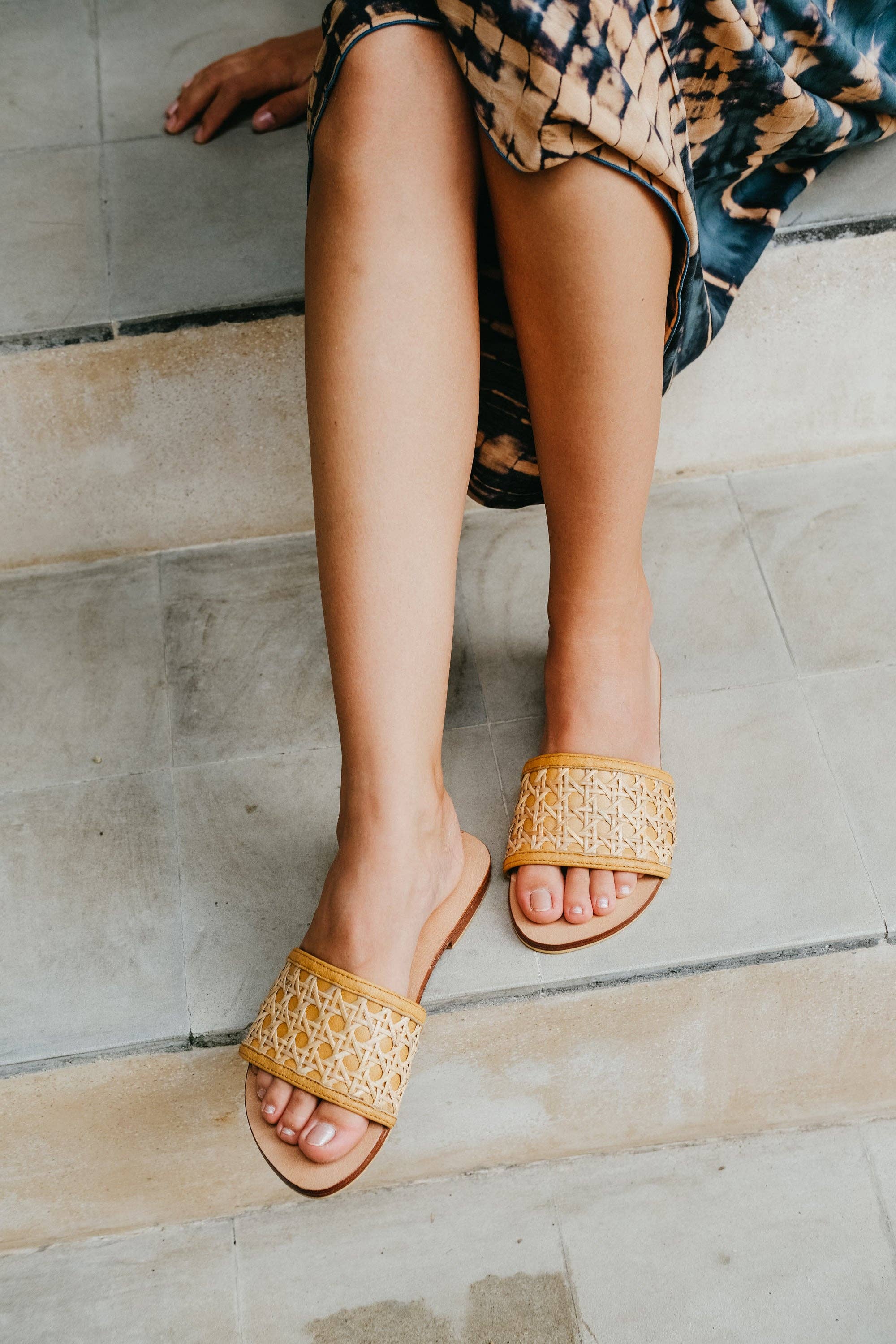 Amaya Cane and Leather Slide Sandals