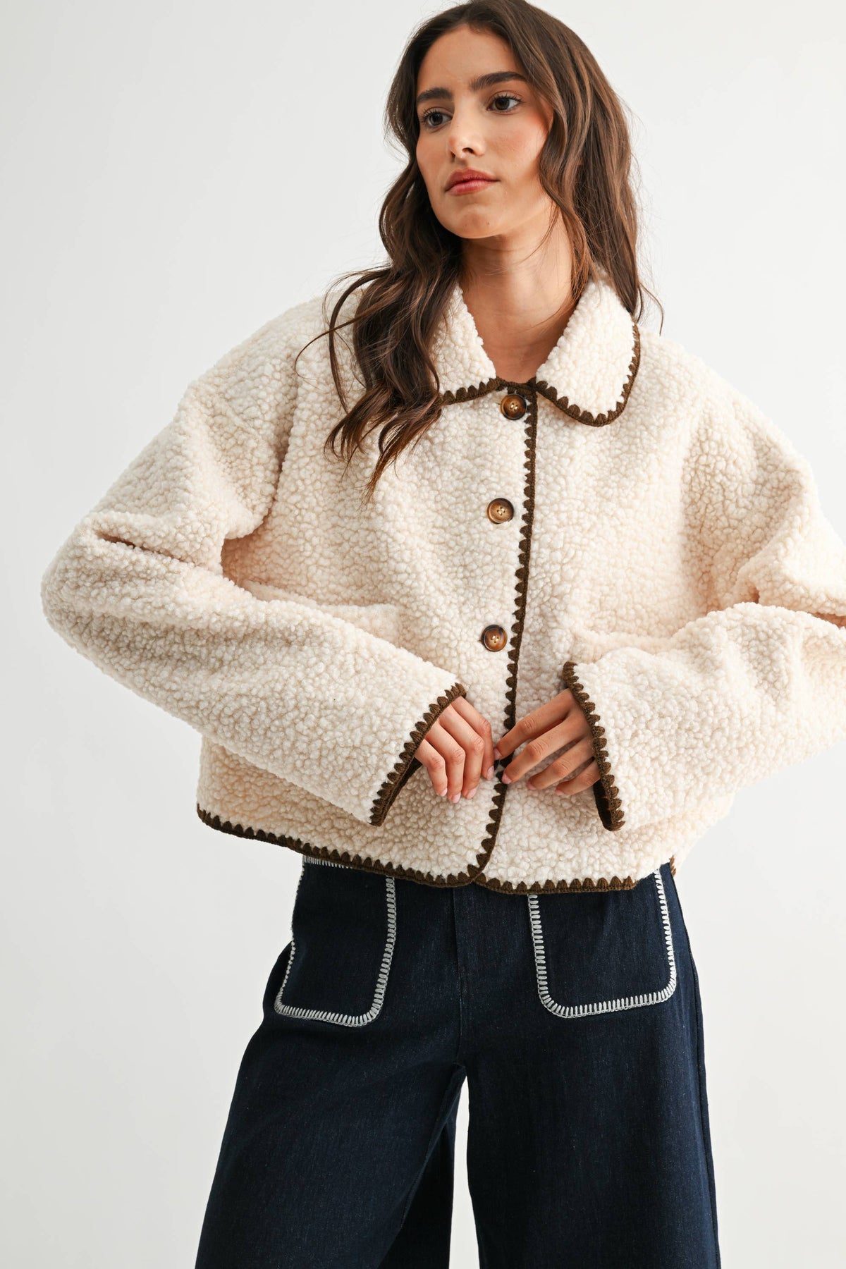 Camille | Contrast Trim Sherpa Jacket