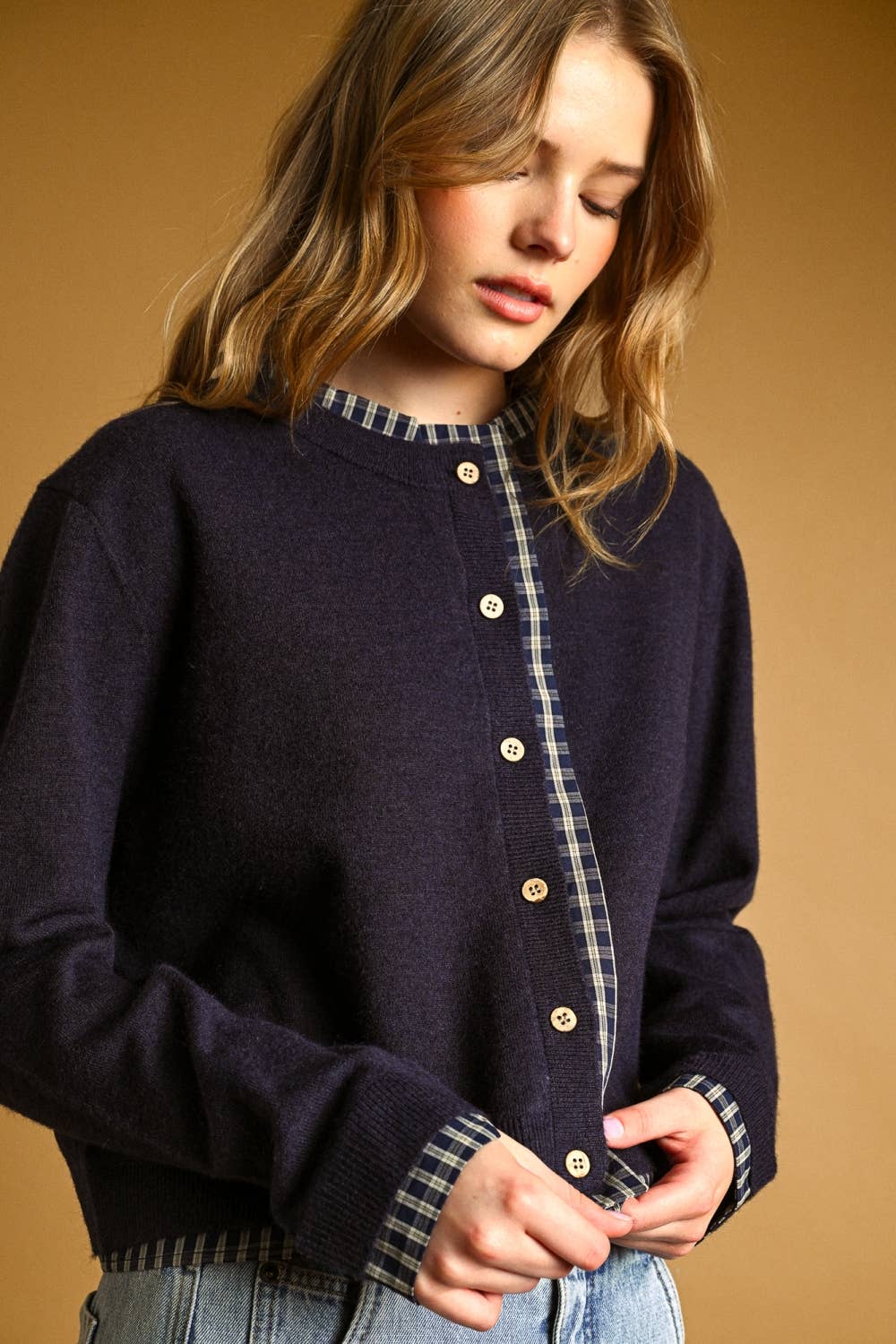 Daphne | Plaid Contrasted Button Front Cardigan