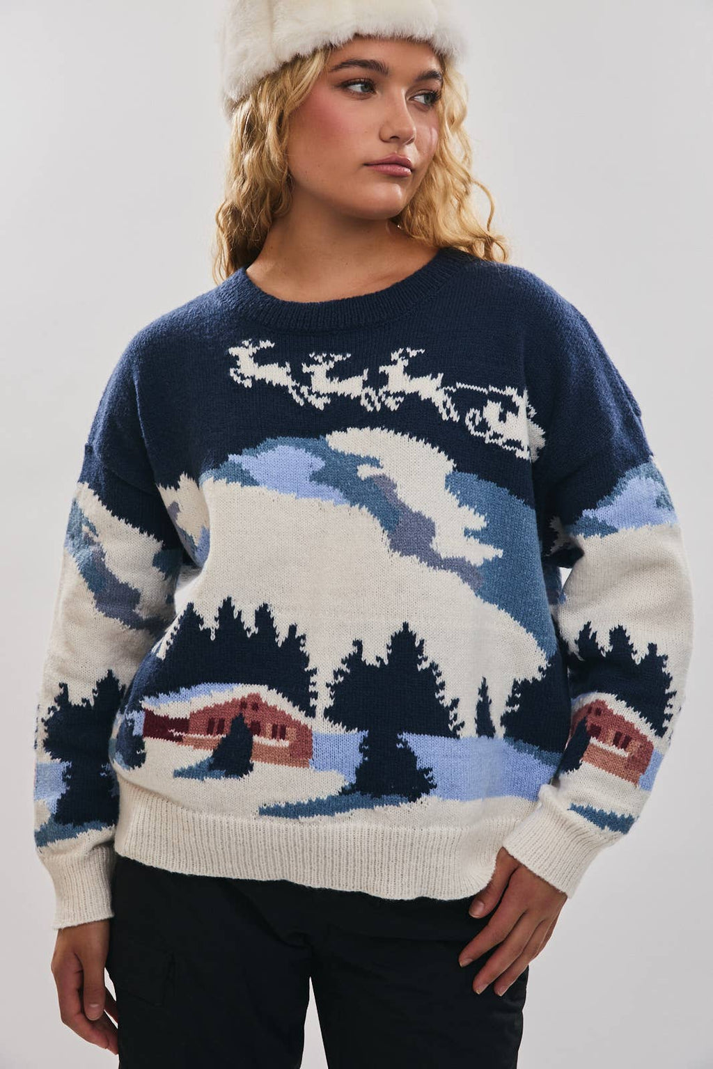 Blitzen | Long Sleeve Crew Neck Ski Village Graphic Sweater