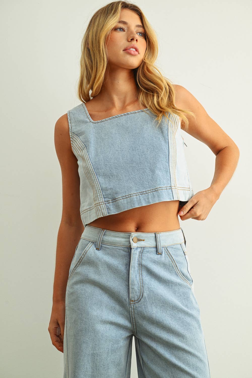 Gene | Denim Color Block Sleeveless Top