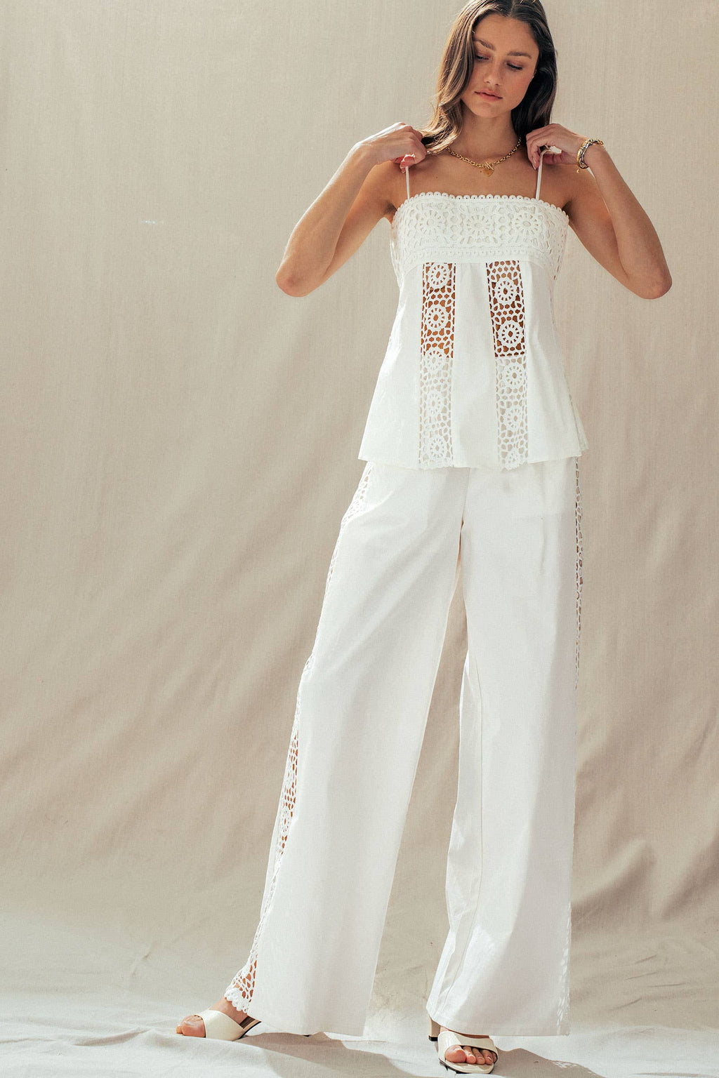 Presley | Cotton Eyelet Two-Piece Set Peplum Cami & Pants