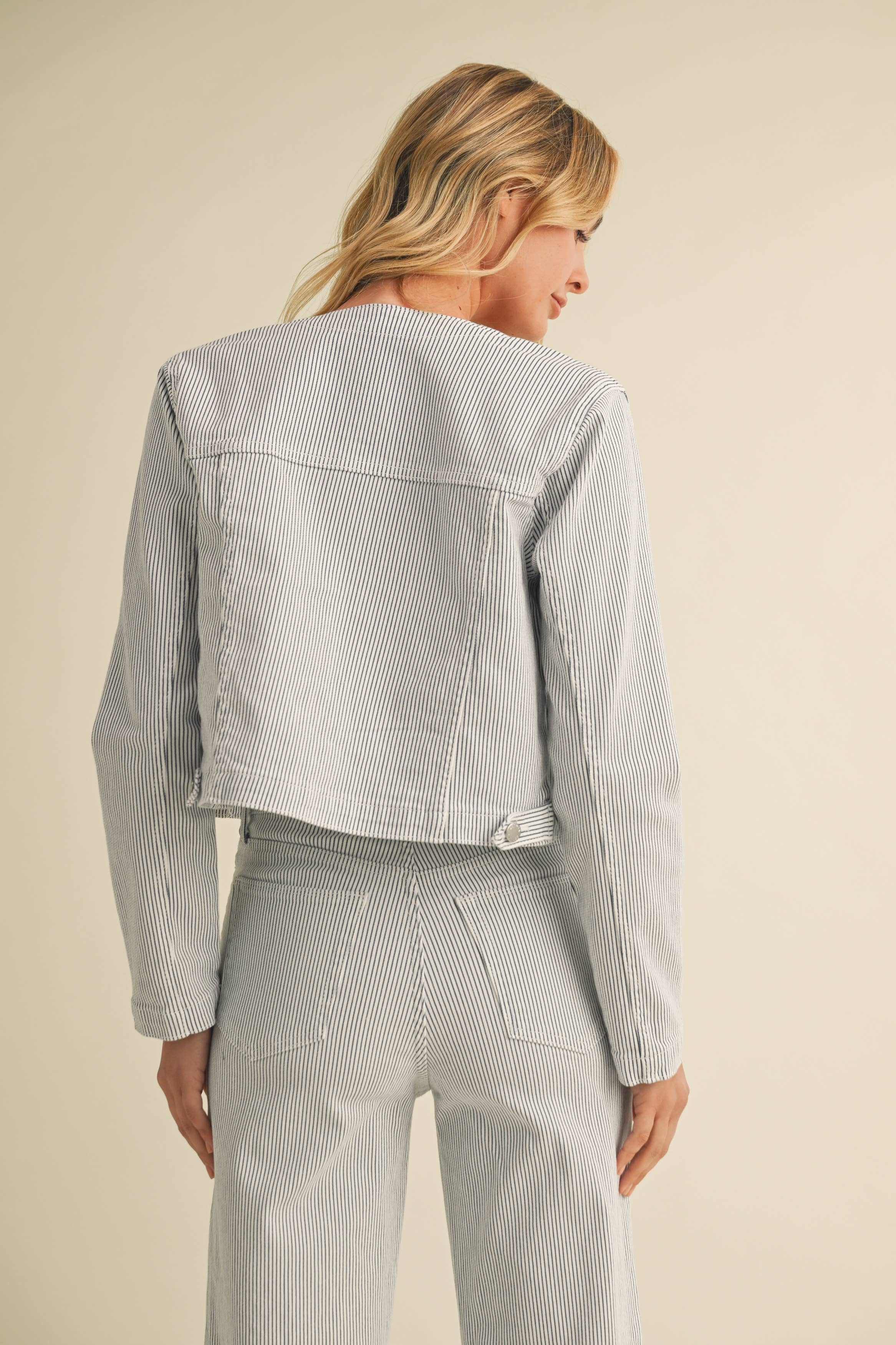 BillieJean | Striped Denim Collarless Jacket