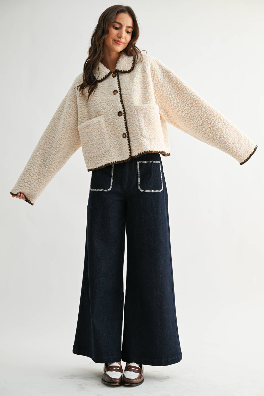 Camille | Contrast Trim Sherpa Jacket