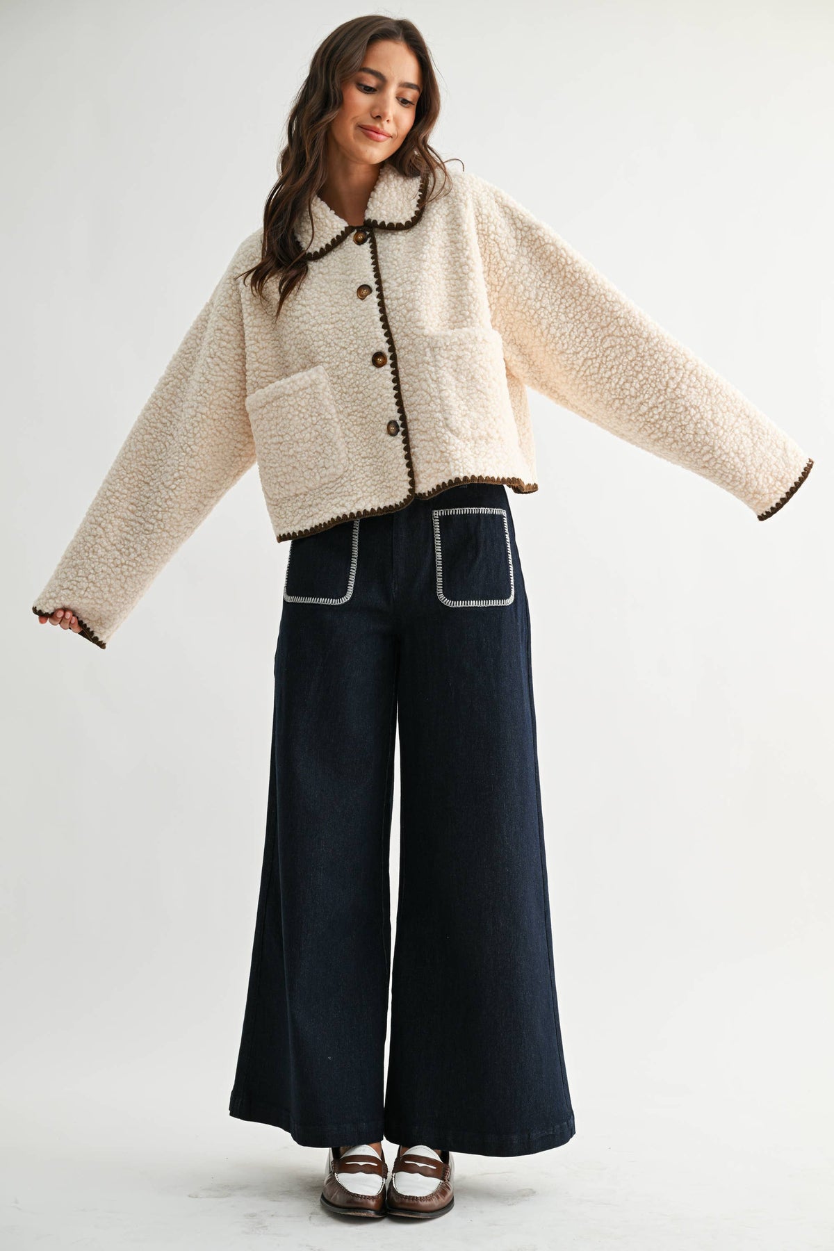 Camille | Contrast Trim Sherpa Jacket