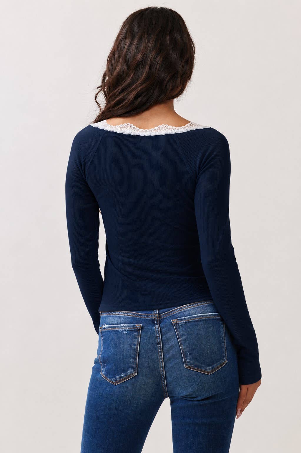 Madden | Ribbed Henley Runched Lace Trim Top