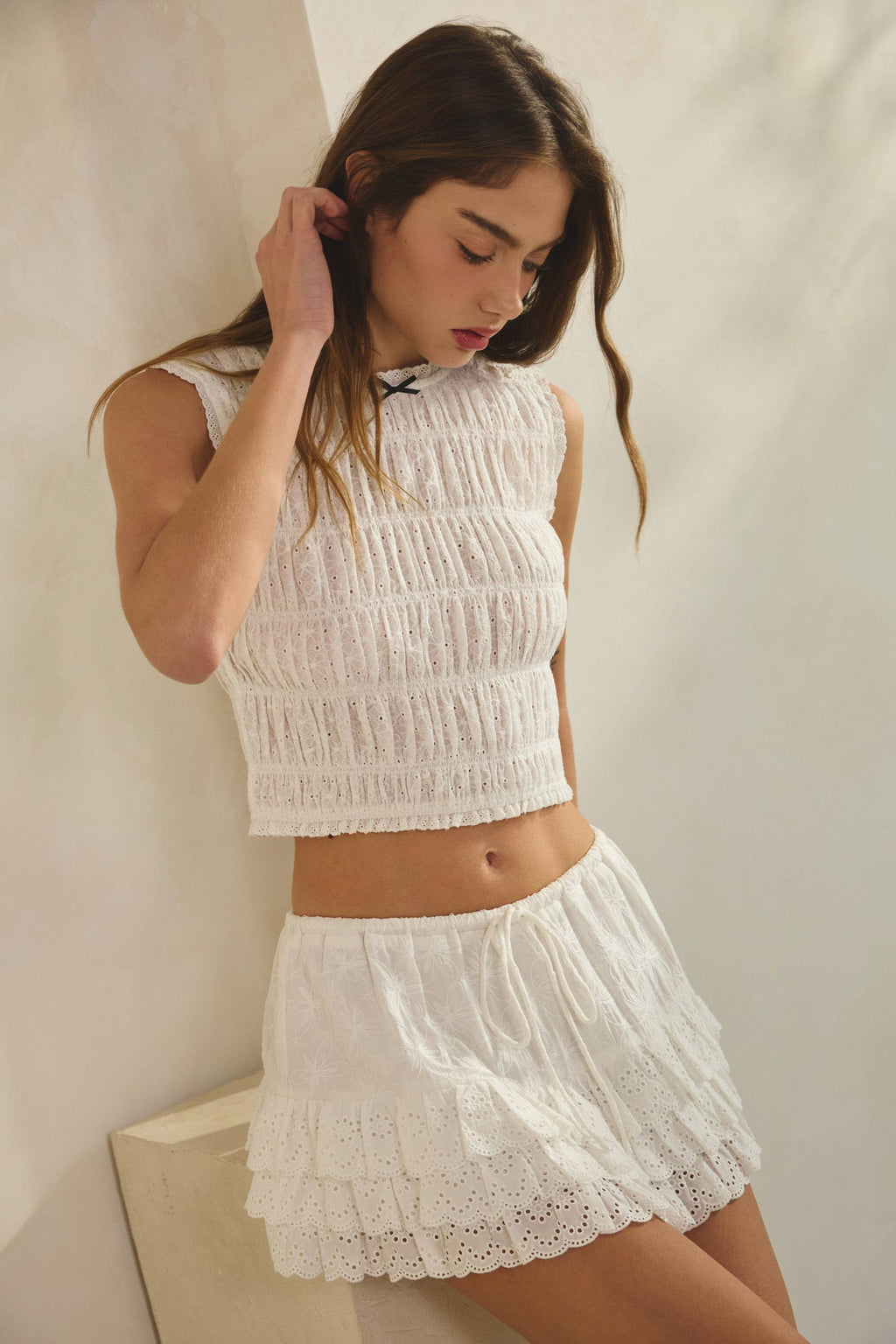 Noah | Back Tie Smocking Top w/ Lace Tiered Mini Skirt Set