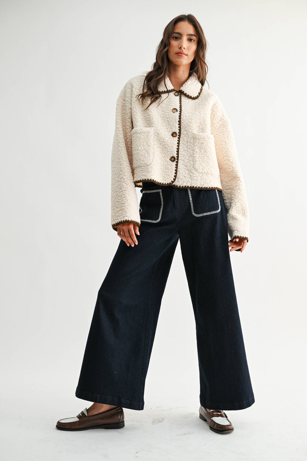 Camille | Contrast Trim Sherpa Jacket