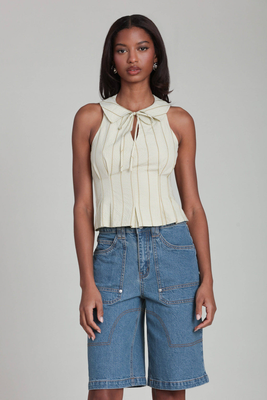 Montgomery | Striped Gingham Tie Front Collared Top