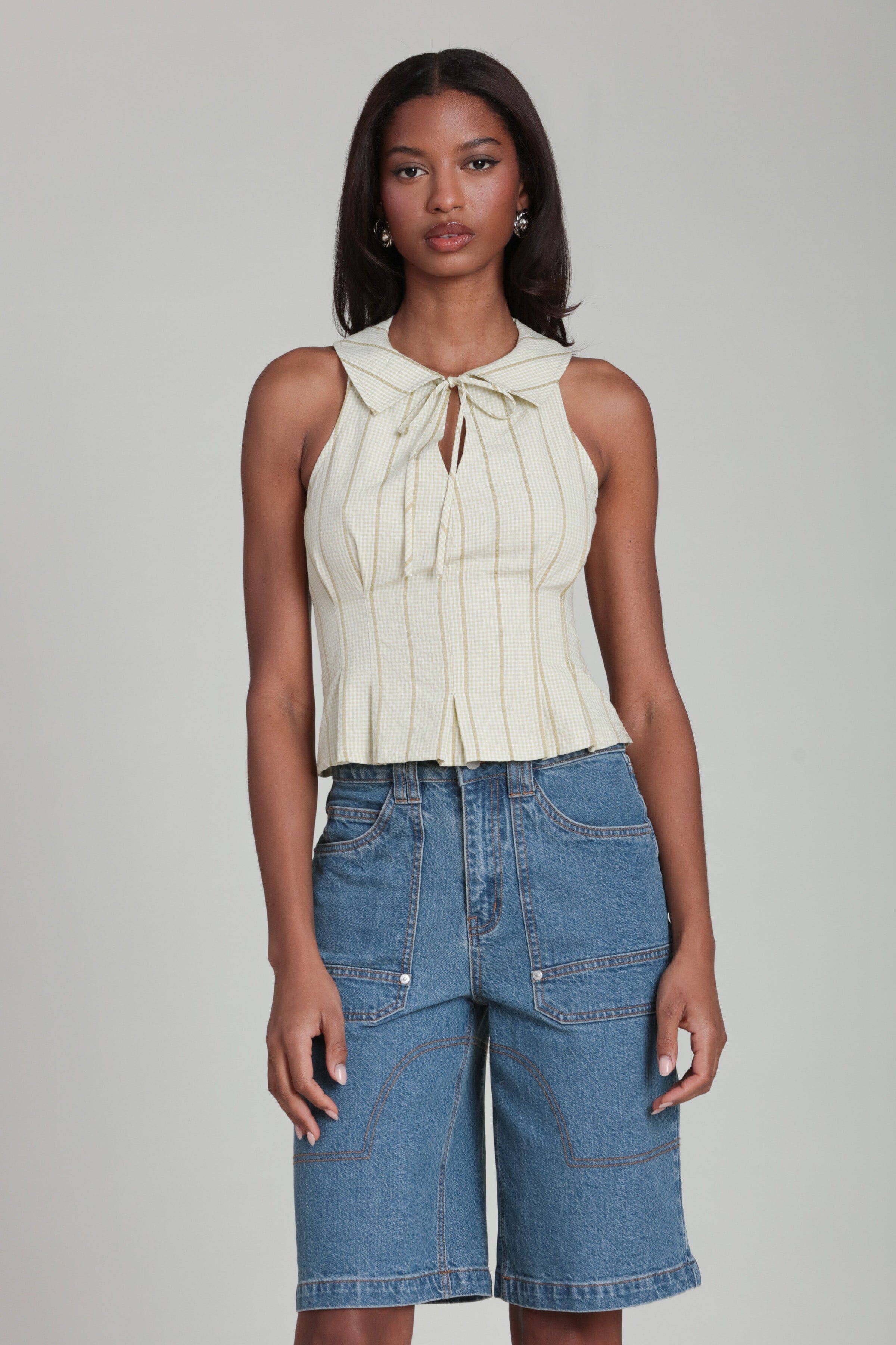 Montgomery | Striped Gingham Tie Front Collared Top