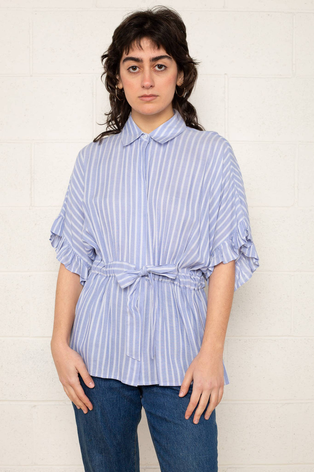 Lenny | Button Up Blouse with Ruffle Sleeve and Tie Waist