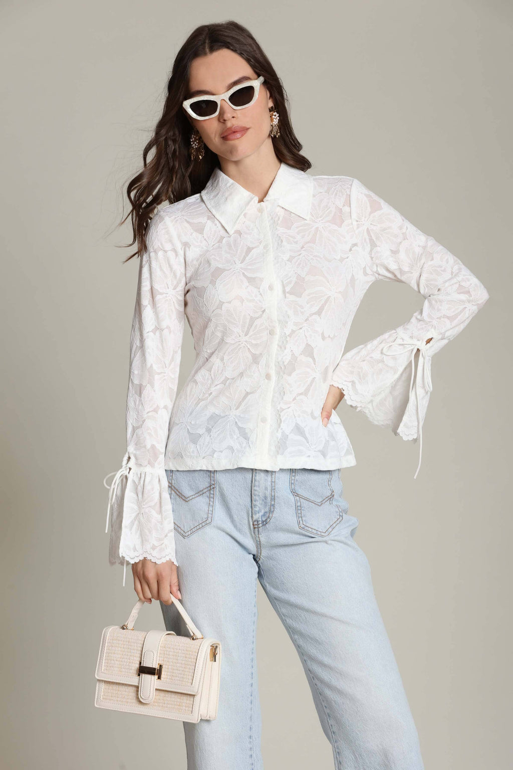 Margaux | Sheer Lace Tie Cuff Shirt