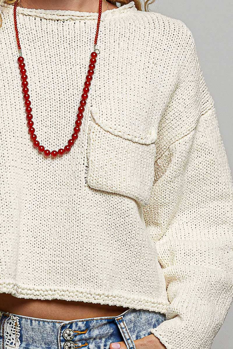 Millie | Solid Rolled-Edge Trim Chest Pocket Cropped Knit Sweater