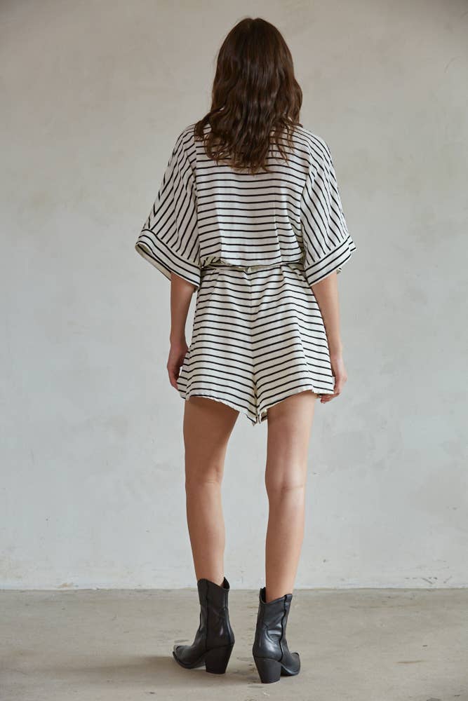 Come Over Romper | Woven Cotton Rayon Striped Waist Tie Flare Romper