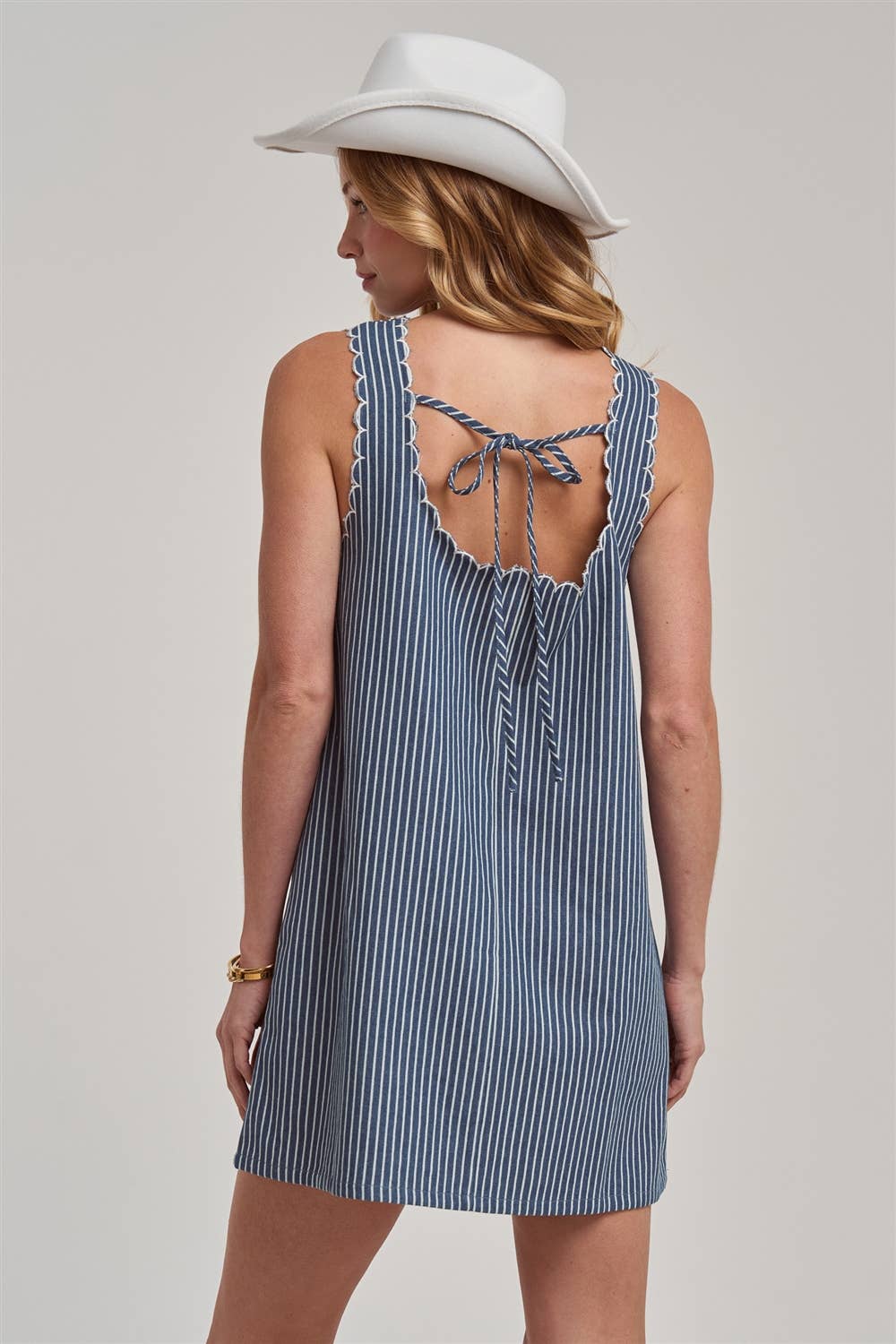 Scallop | Embroidered Sleeveless Stripe Denim Mini Dress