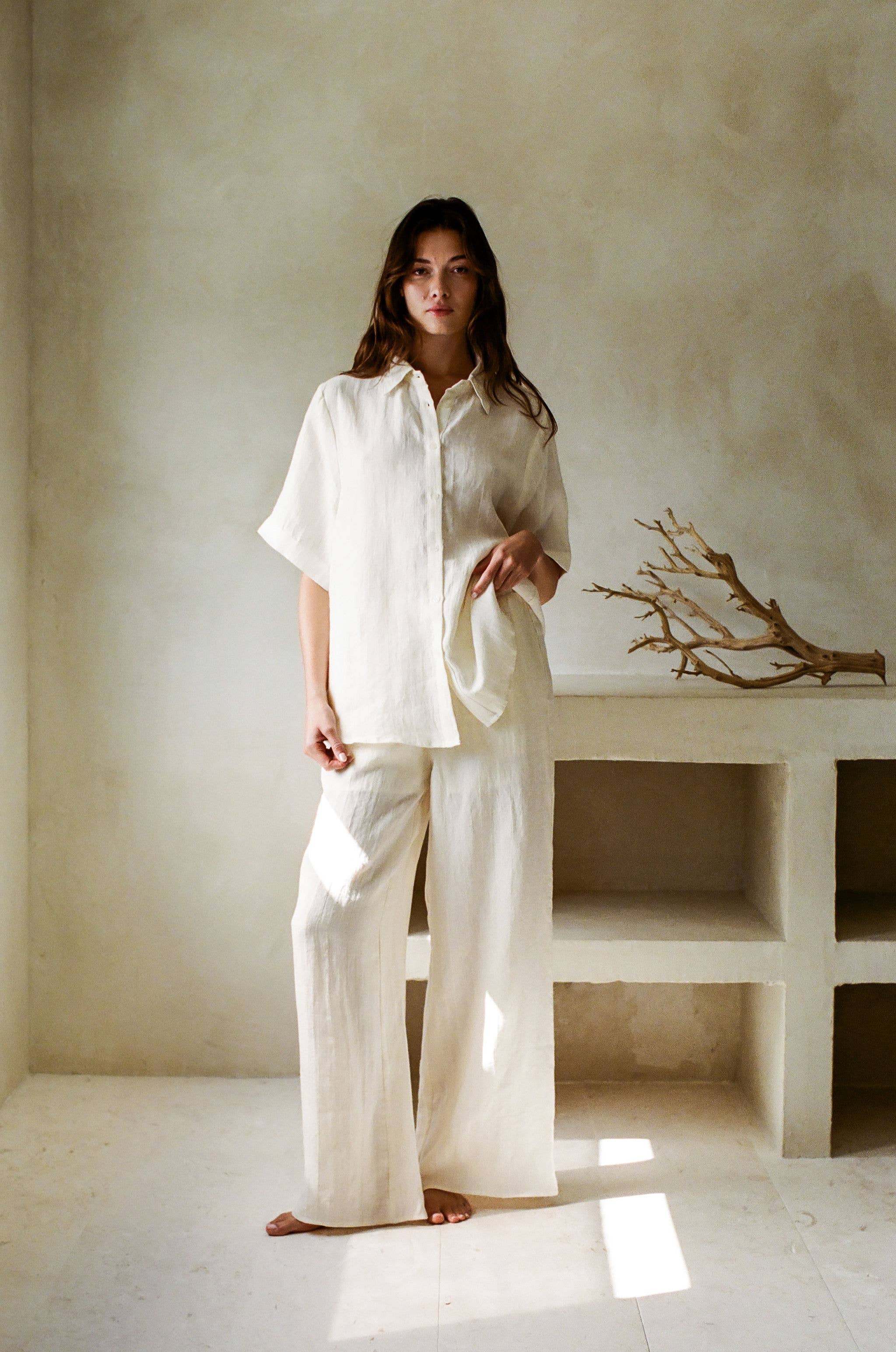 Coral | Woven Linen Button Down Short Sleeve Shirt Top