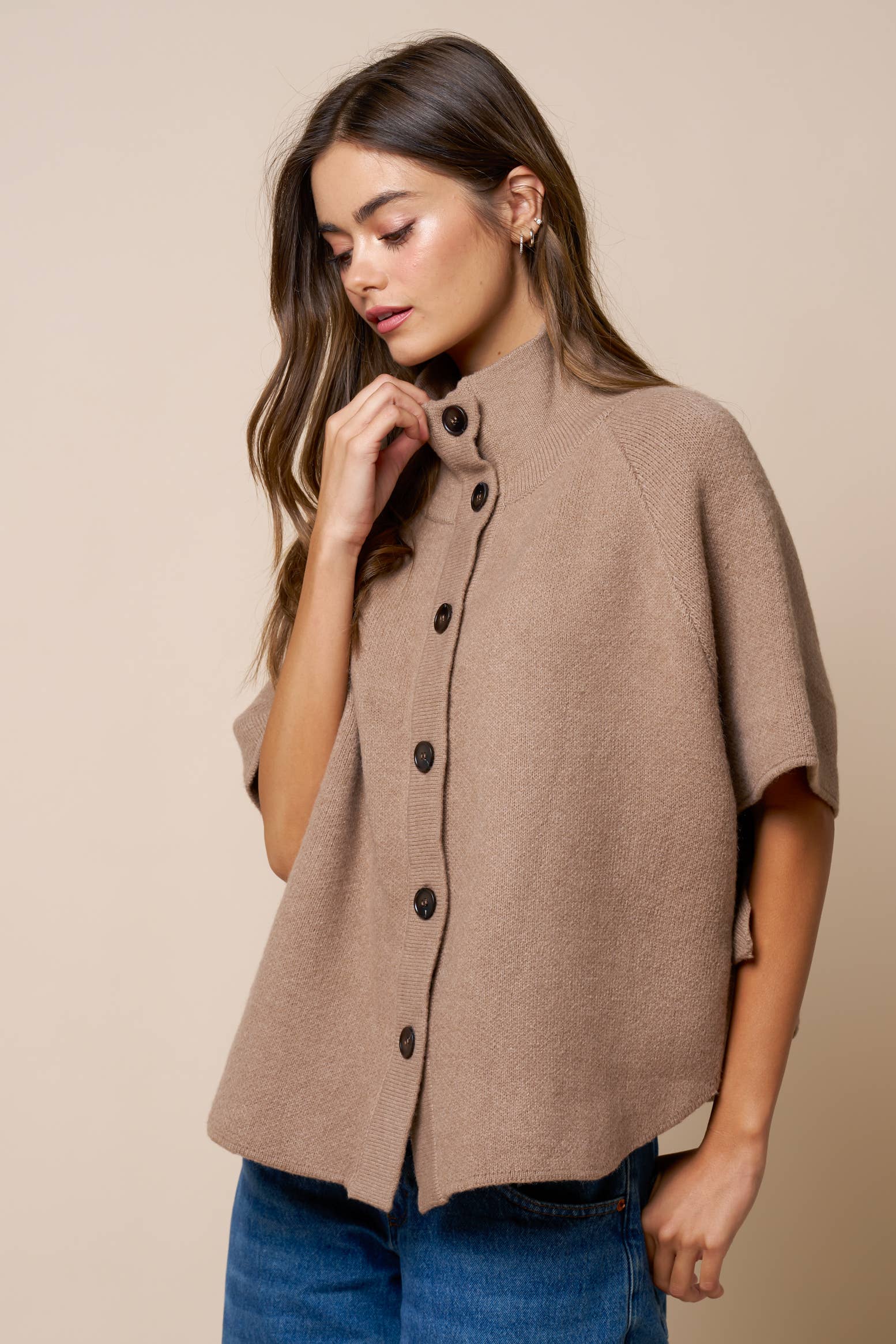 Ponya | Mock Neck Button Down Knit Poncho